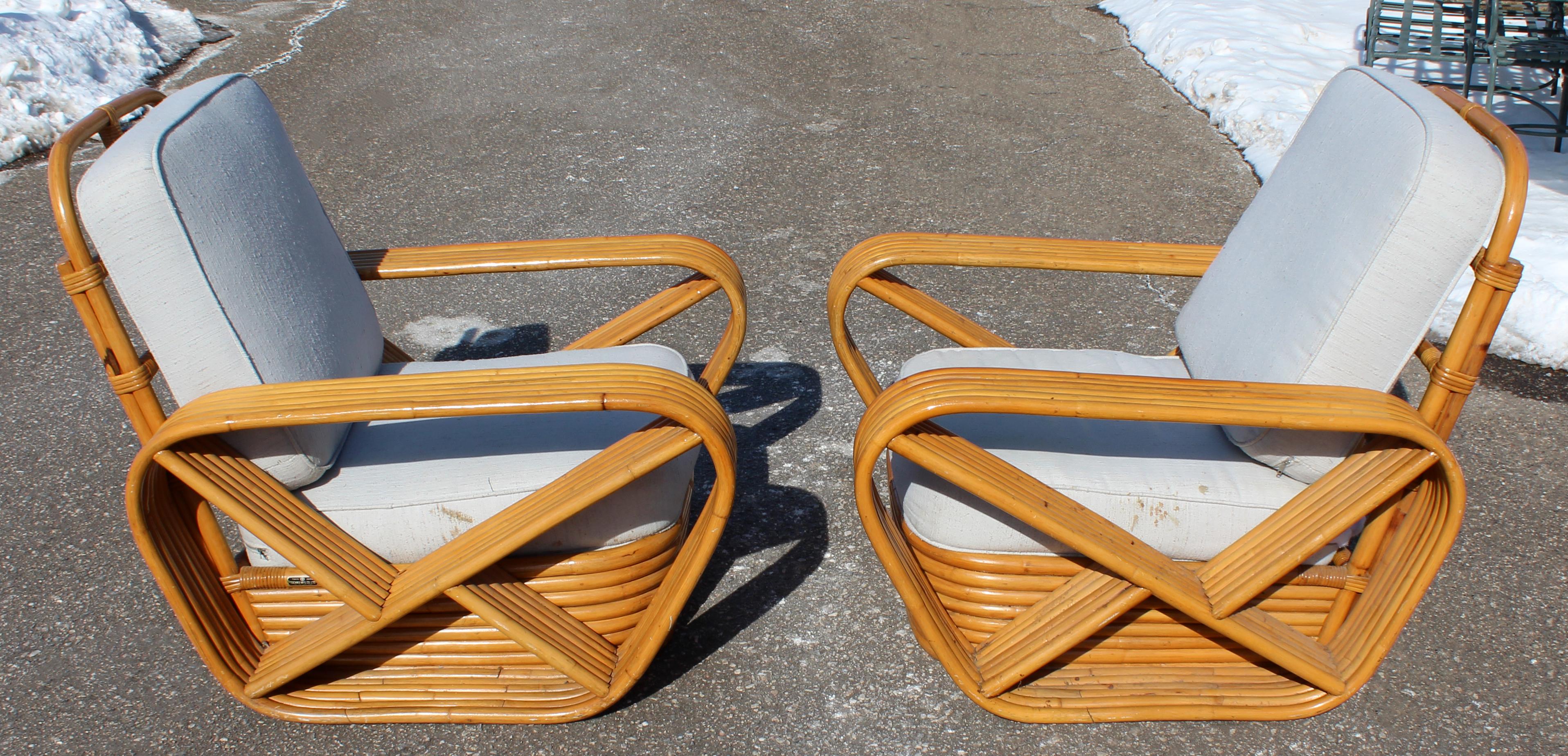 Mid-Century Modern Frankl Pretzel Pair of Rattan Patio Lounge Armchairs Ottoman 2