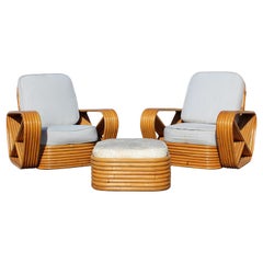 Mid-Century Modern Frankl Pretzel Pair of Rattan Patio Lounge Armchairs Ottoman