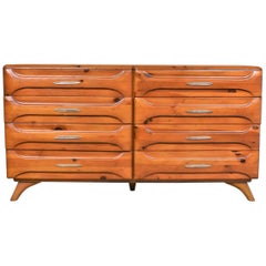 Retro Mid-Century Modern Franklin Shockey Sculpted Pine Low Double Dresser or Credenza