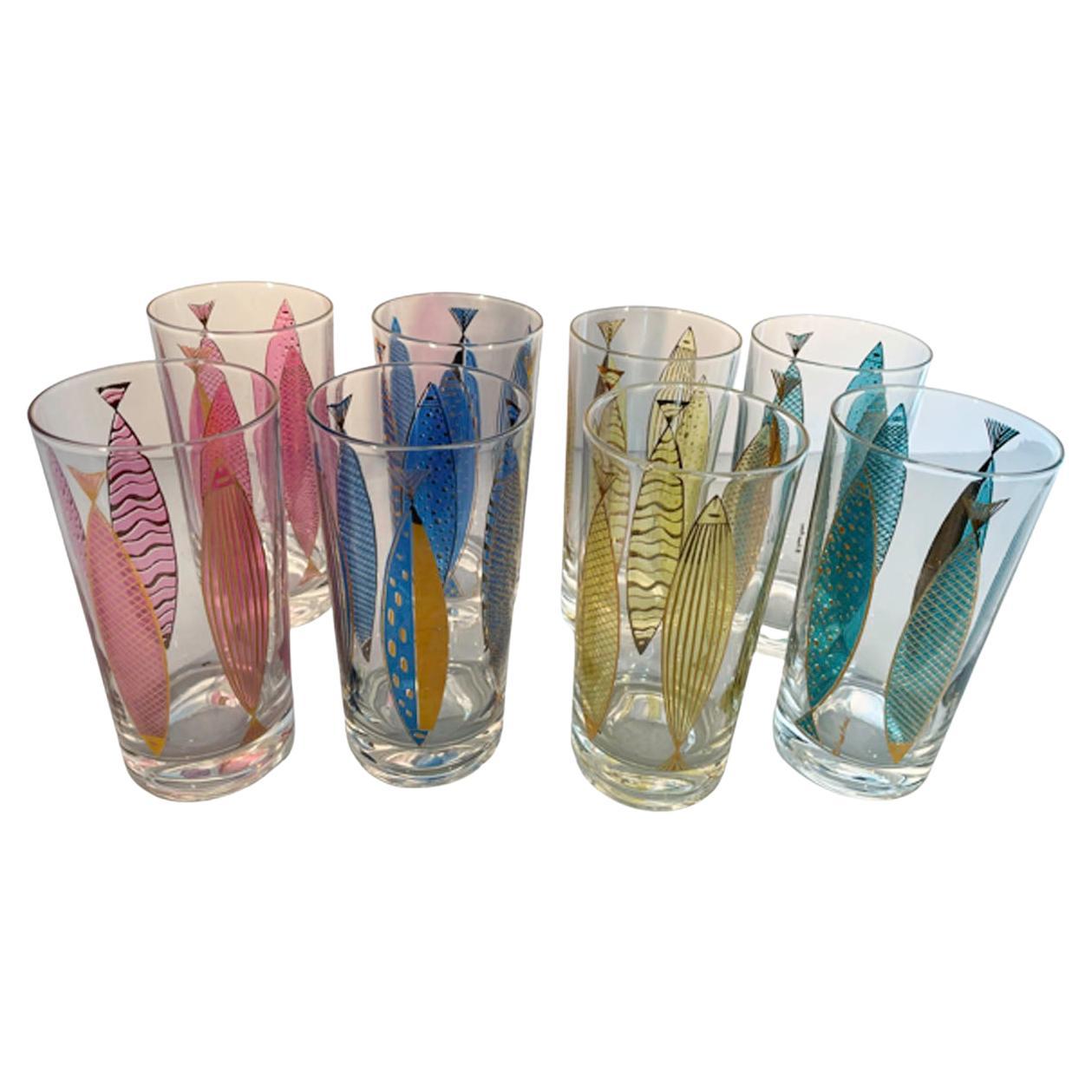Mid-Century Modern Fred Press 'Gold Fish' Glasses with Translucent Colored Fish