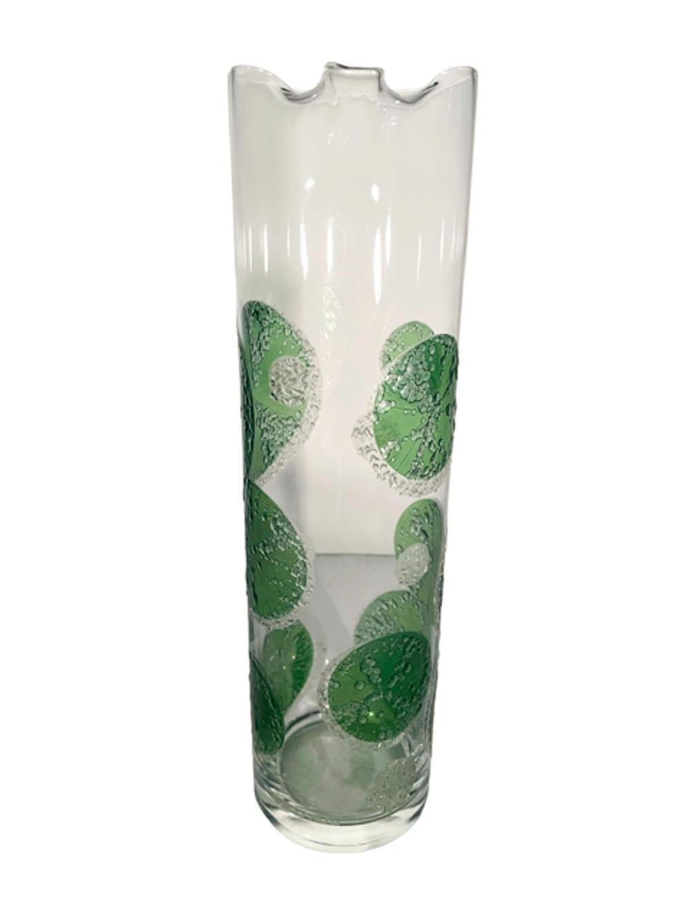 Fred Press Mid-Century Modern cylindrical clear glass cocktail pitcher with translucent green lime slice design having raised textured sugaring in clear enamel.