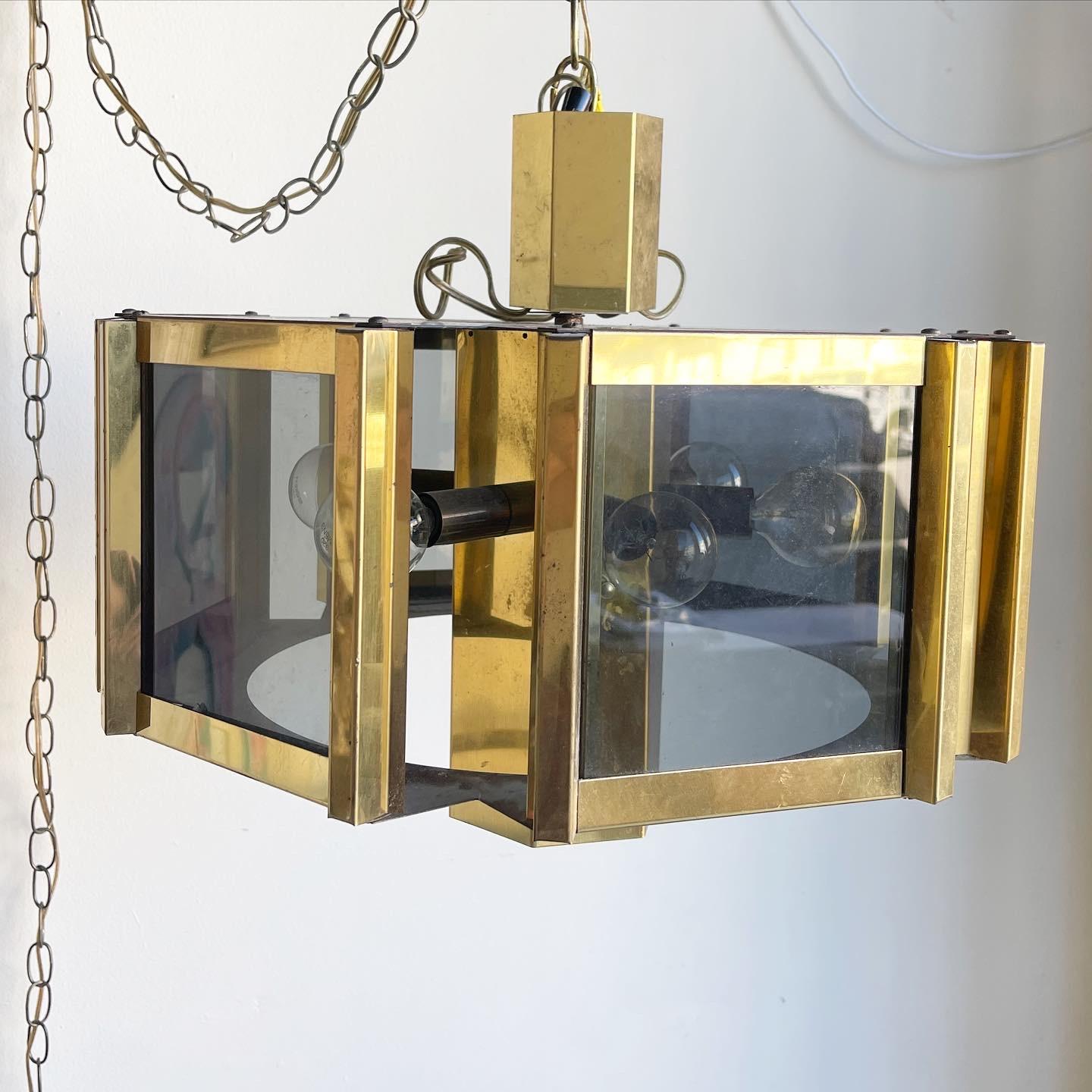 American Mid Century Modern Fredrick Ramond Style Brass and Smoked Glass Chandelier For Sale