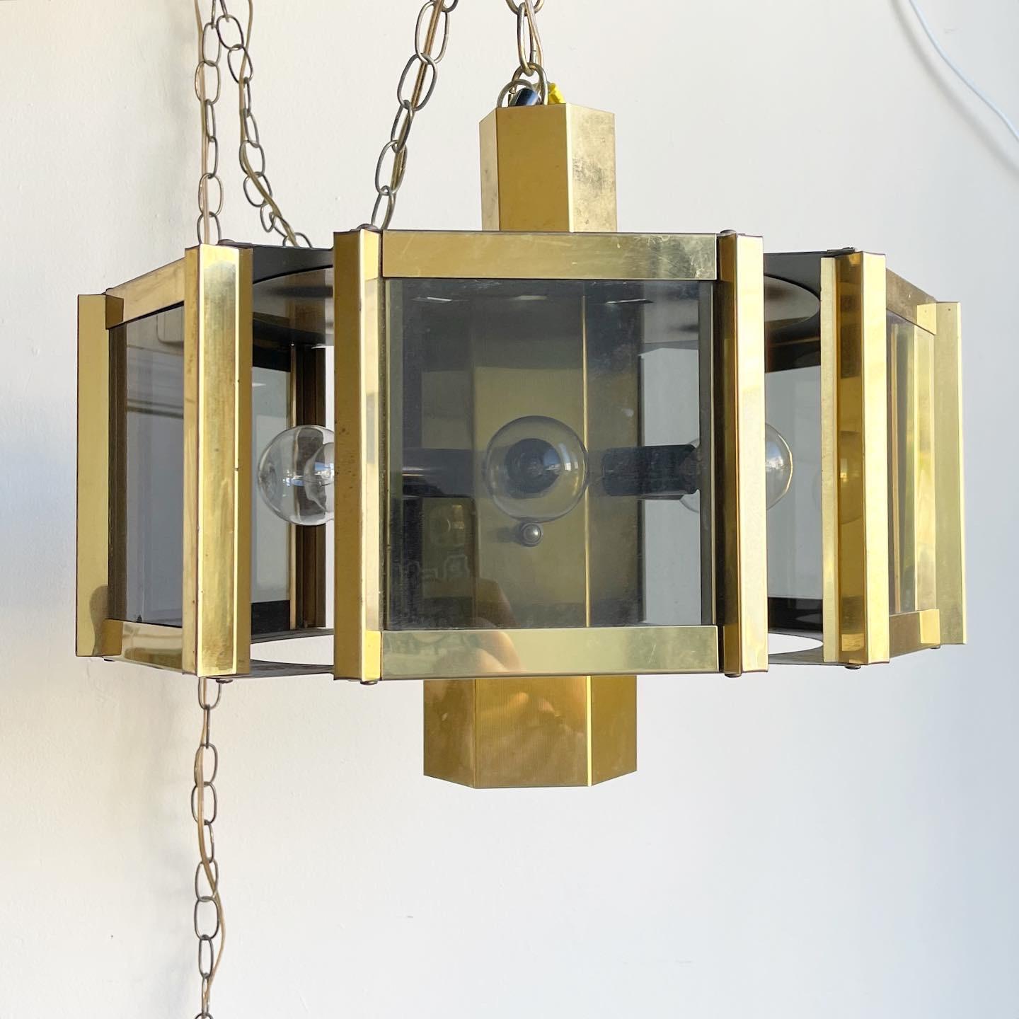 Mid Century Modern Fredrick Ramond Style Brass and Smoked Glass Chandelier In Good Condition For Sale In Delray Beach, FL