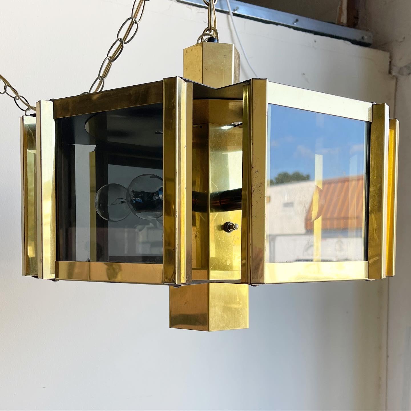 Late 20th Century Mid Century Modern Fredrick Ramond Style Brass and Smoked Glass Chandelier For Sale