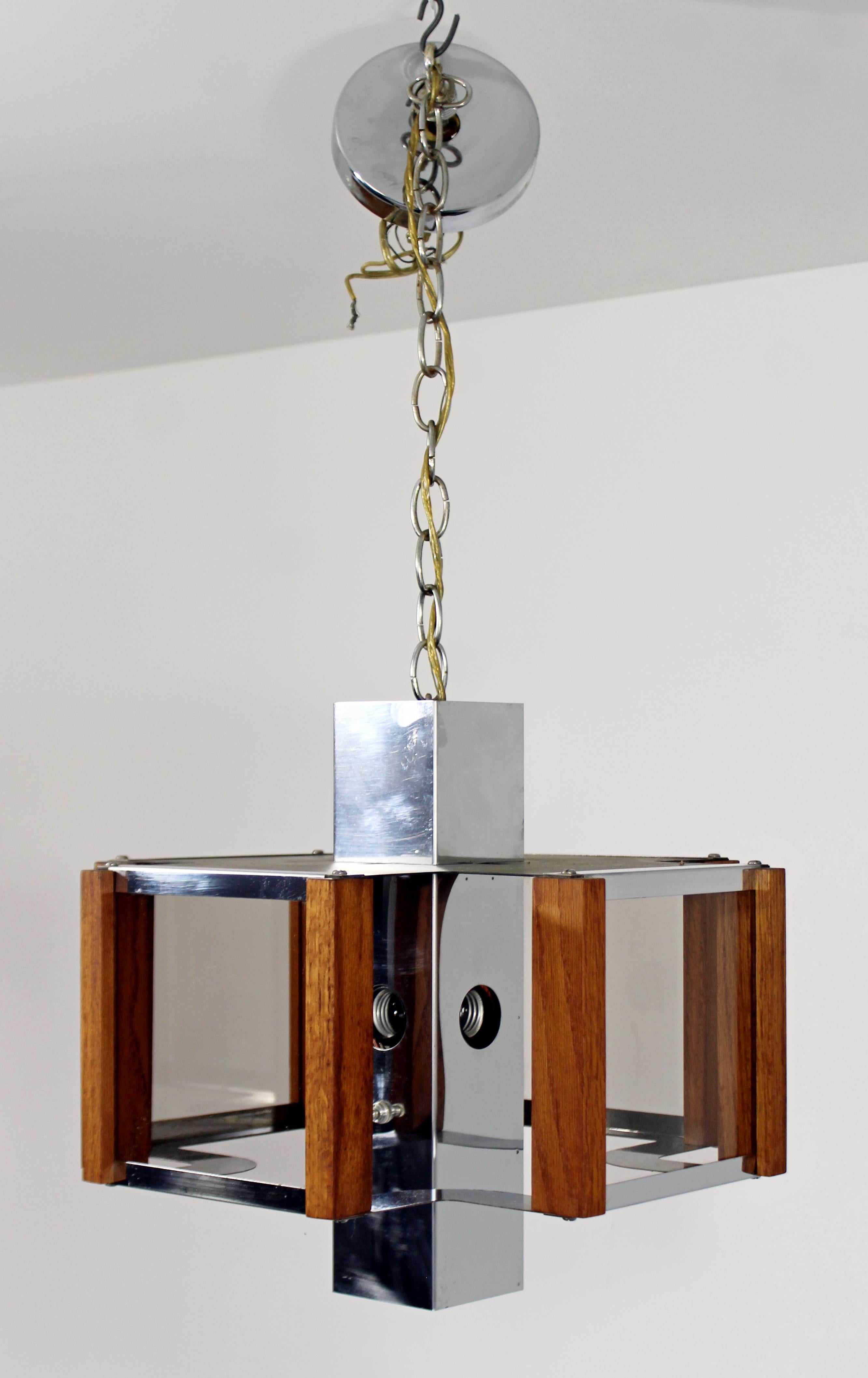 American Mid-Century Modern Fredrick Ramond Teak Chrome Pendant Light Fixture, 1970s