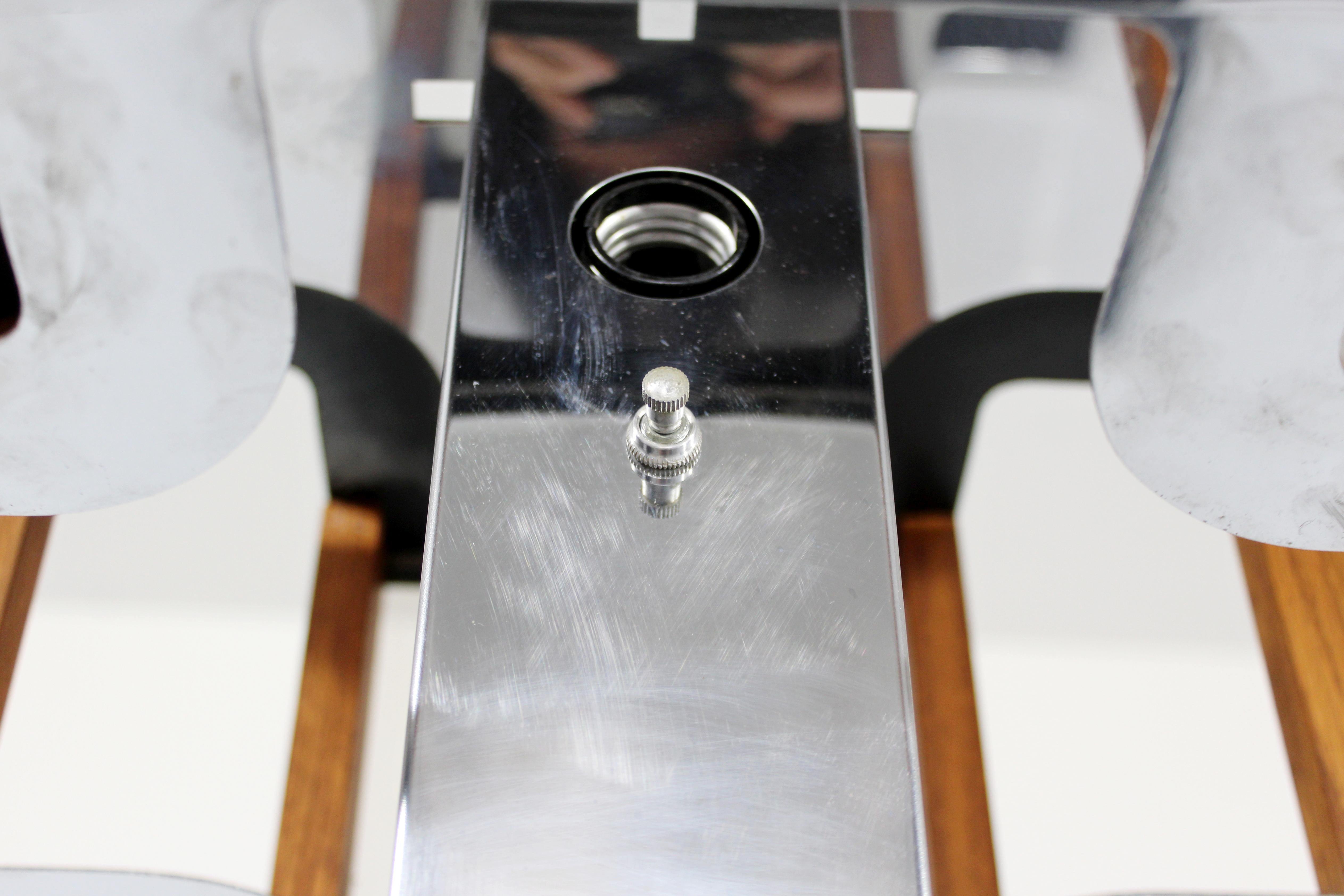Mid-Century Modern Fredrick Ramond Teak Chrome Pendant Light Fixture, 1970s In Good Condition In Keego Harbor, MI