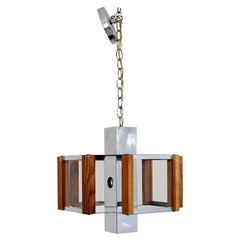 Retro Mid-Century Modern Fredrick Ramond Teak Chrome Pendant Light Fixture, 1970s