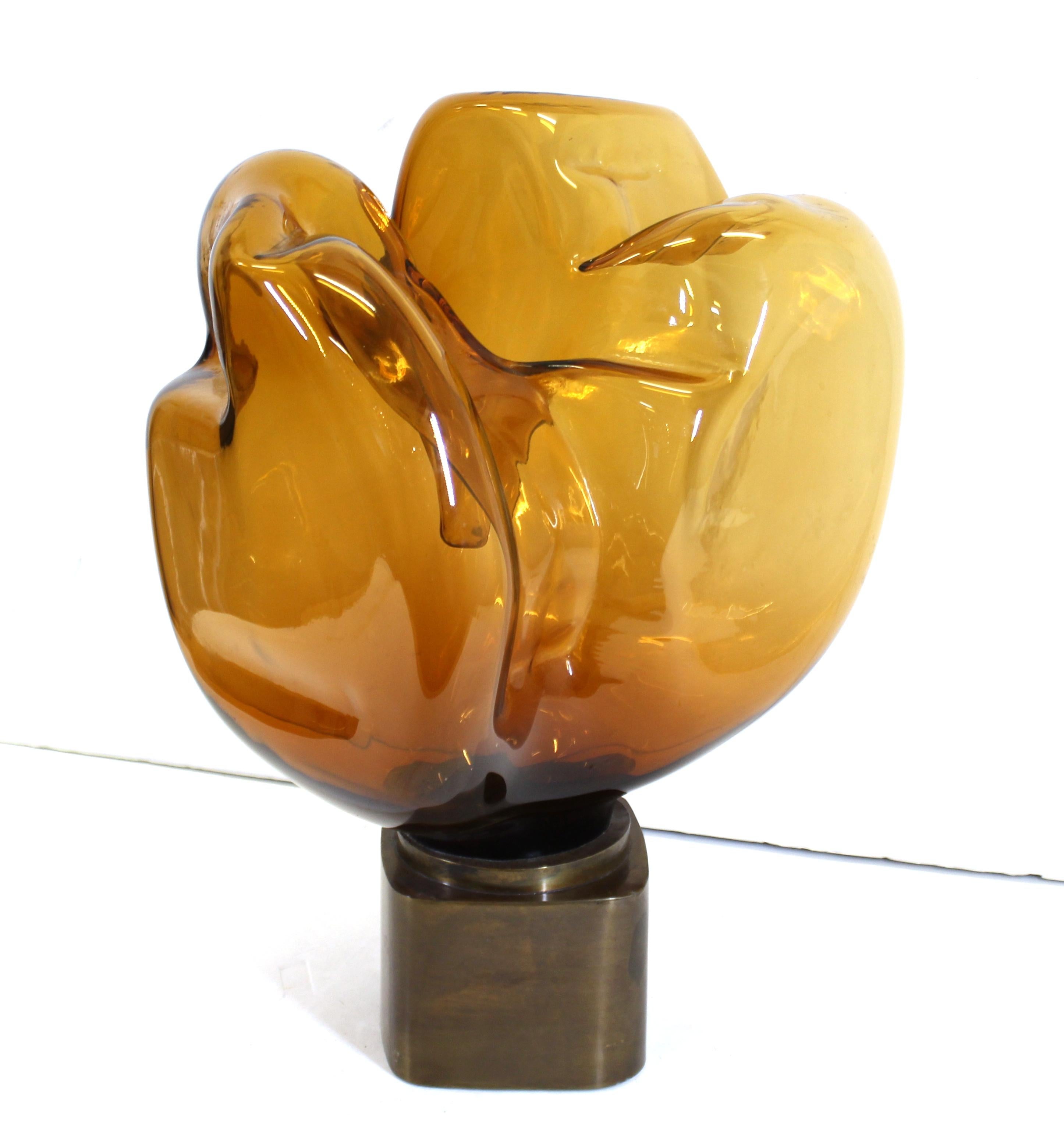 Mid-Century Modern Freeform Amber Art Glass Sculpture 4