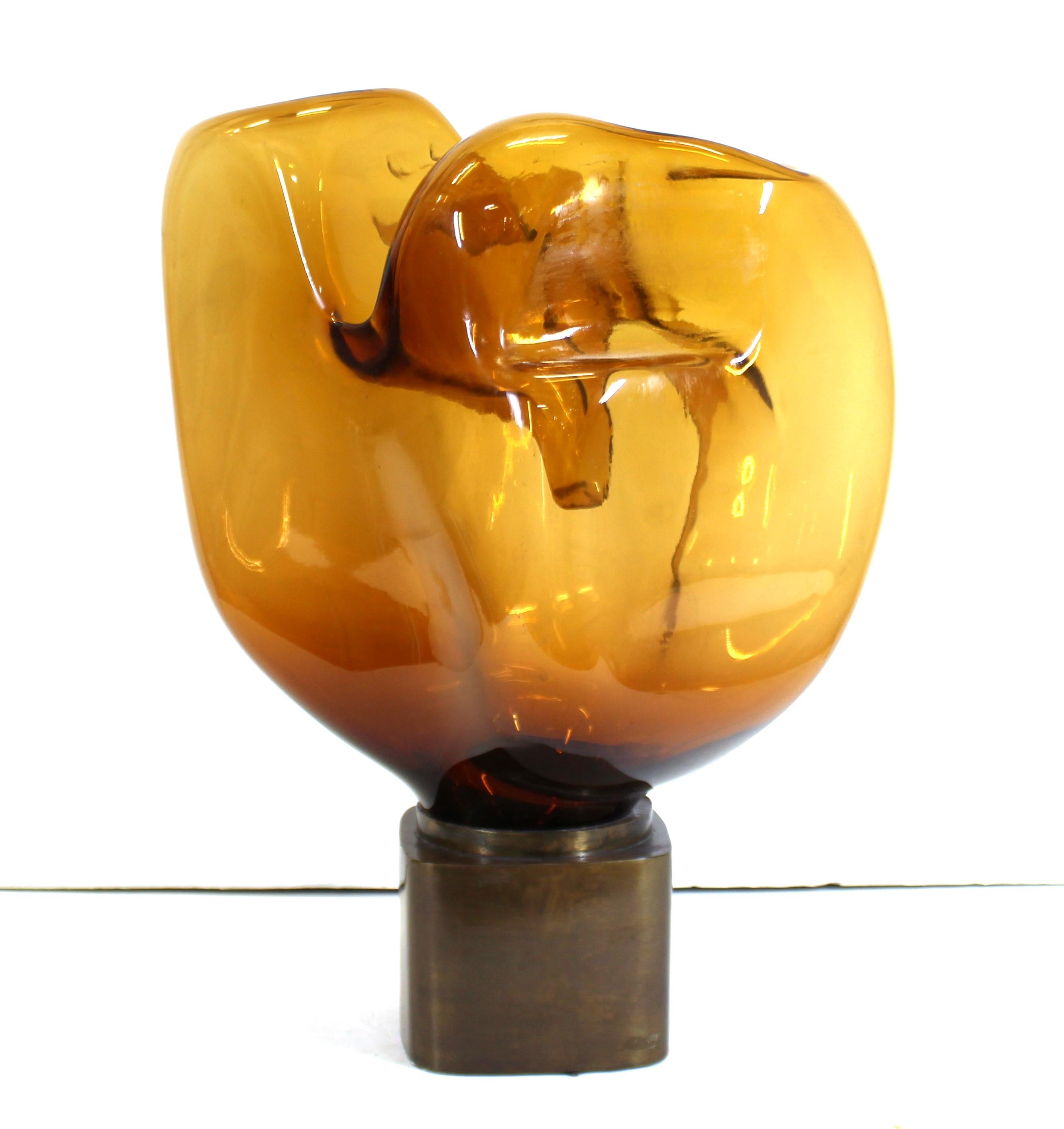 American Mid-Century Modern Freeform Amber Art Glass Sculpture