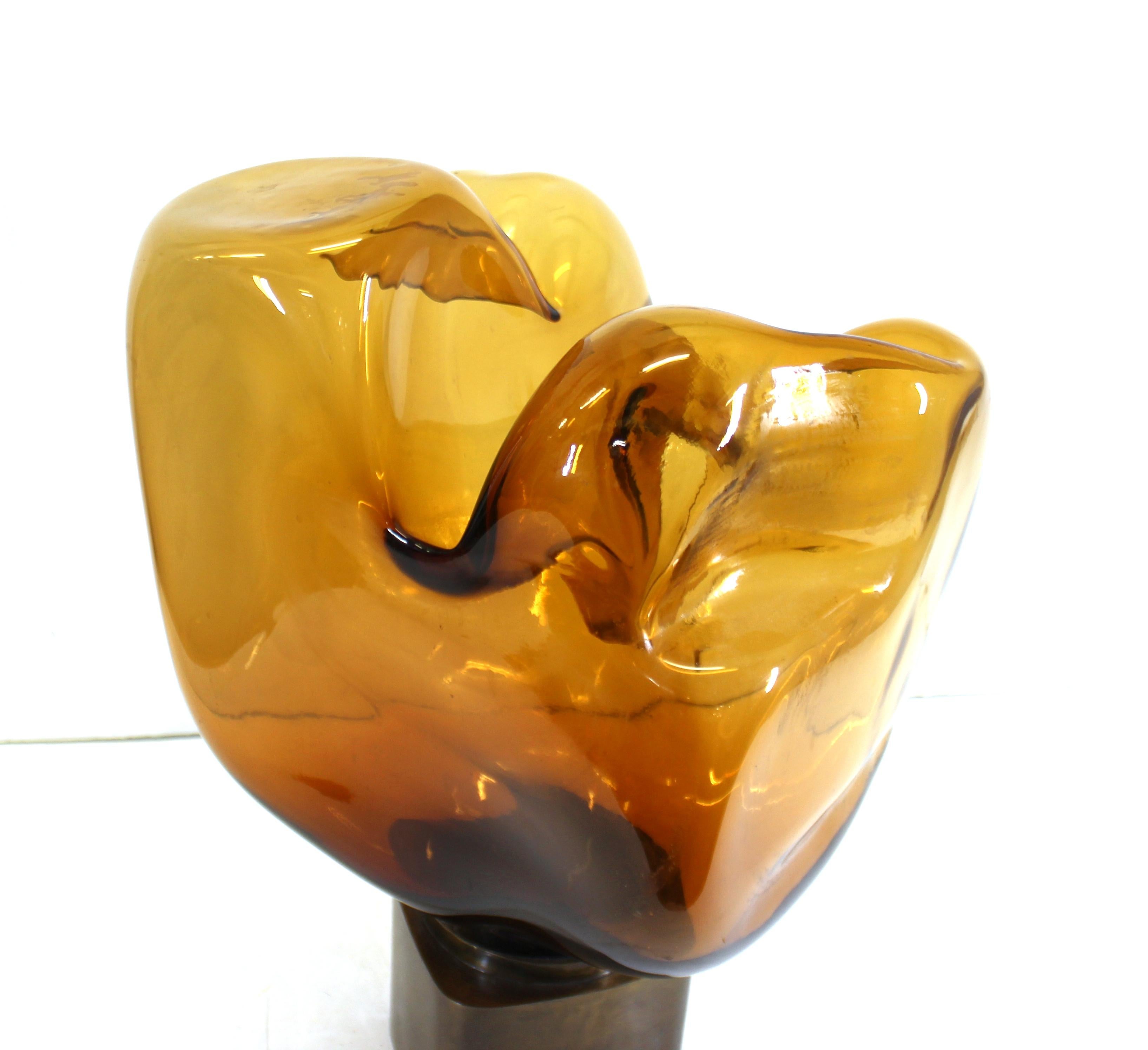Metal Mid-Century Modern Freeform Amber Art Glass Sculpture