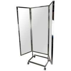 Mid-Century Modern Free-Standing Chrome Three-Panel Mirror, Milo Baughman Style