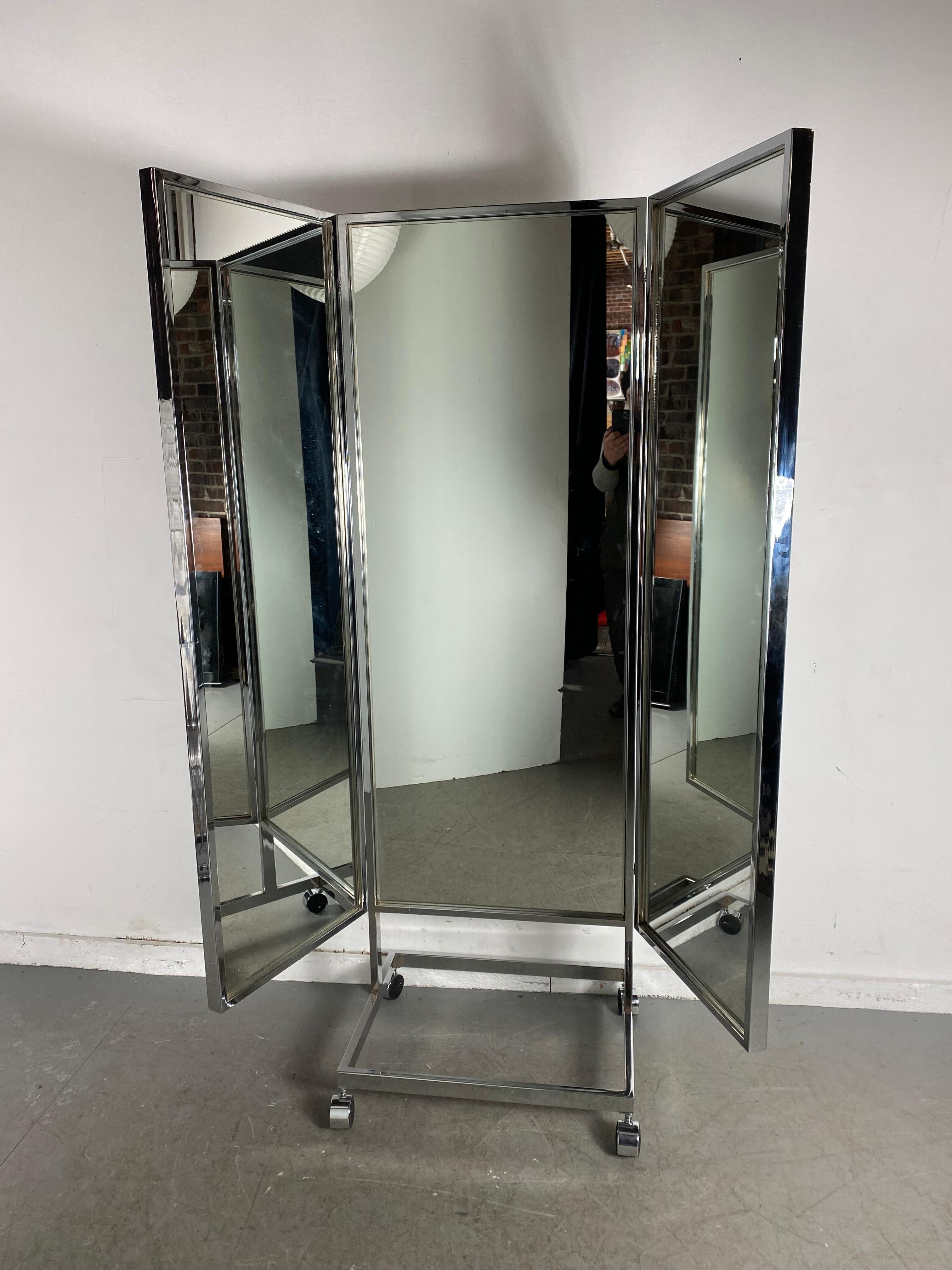 Mid-Century Modern free-standing chrome three-panel mirror, Milo Baughman style, I believe this was a department store fixture. Amazing quality and construction, center mirror measures: 60
