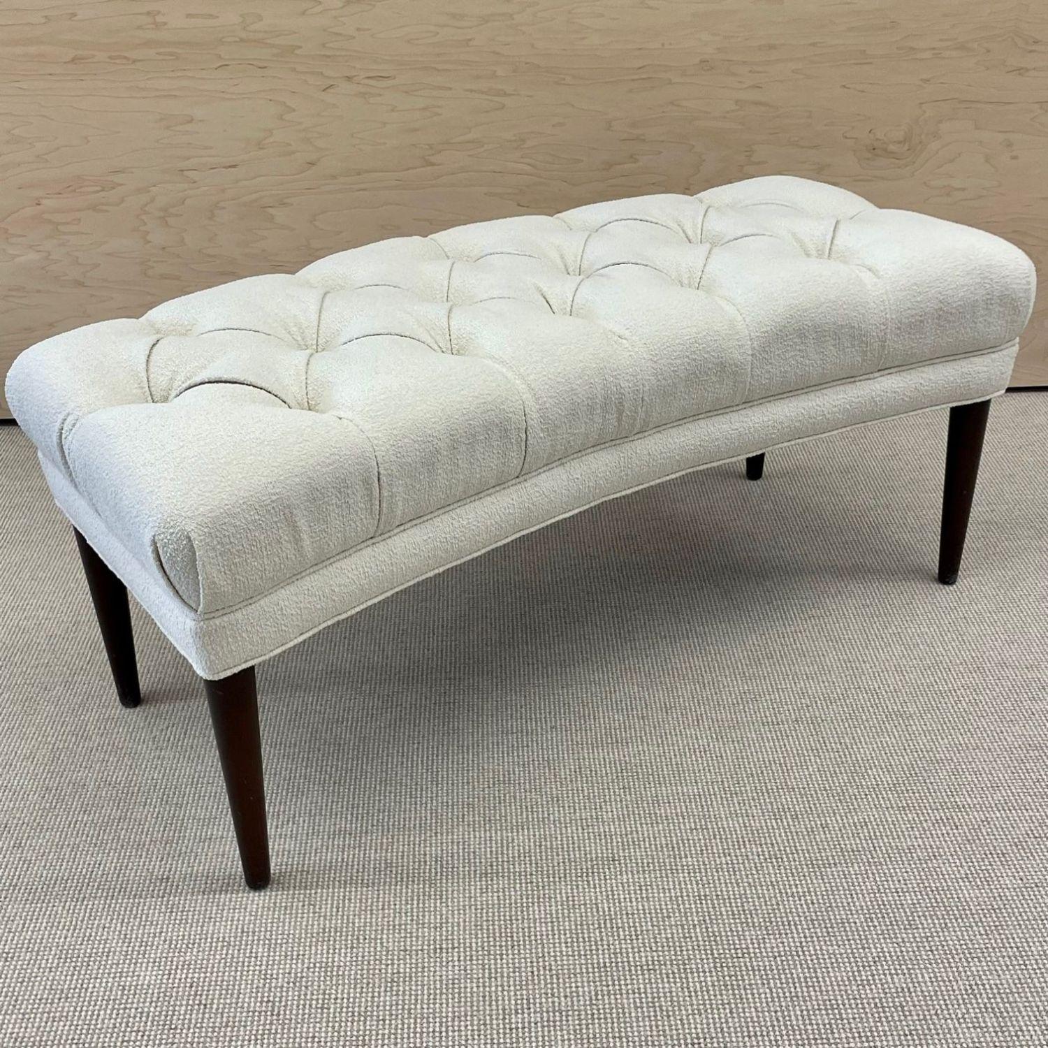Mid-Century Modern Freeform Tufted Bench, American Designer, Ebony Wood, Bouclé In Good Condition For Sale In Stamford, CT