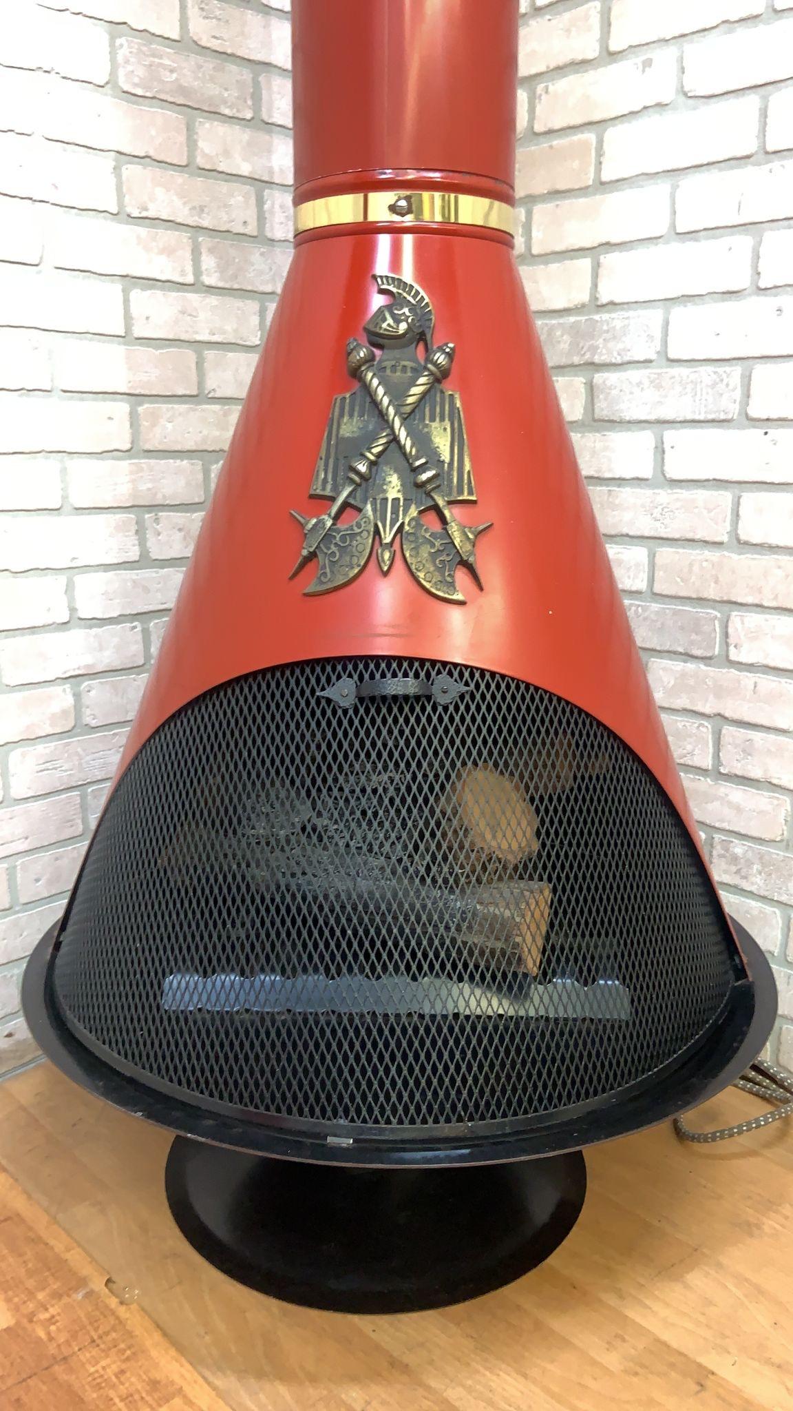 Mid Century Modern Freestanding Electric Cone Fireplace in Red - Indoor/Outdoor In Good Condition In Chicago, IL