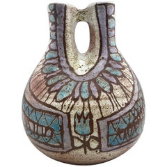 Mid-Century Modern French 2 Spout Vase with Modernist Blue Flower by Accolay