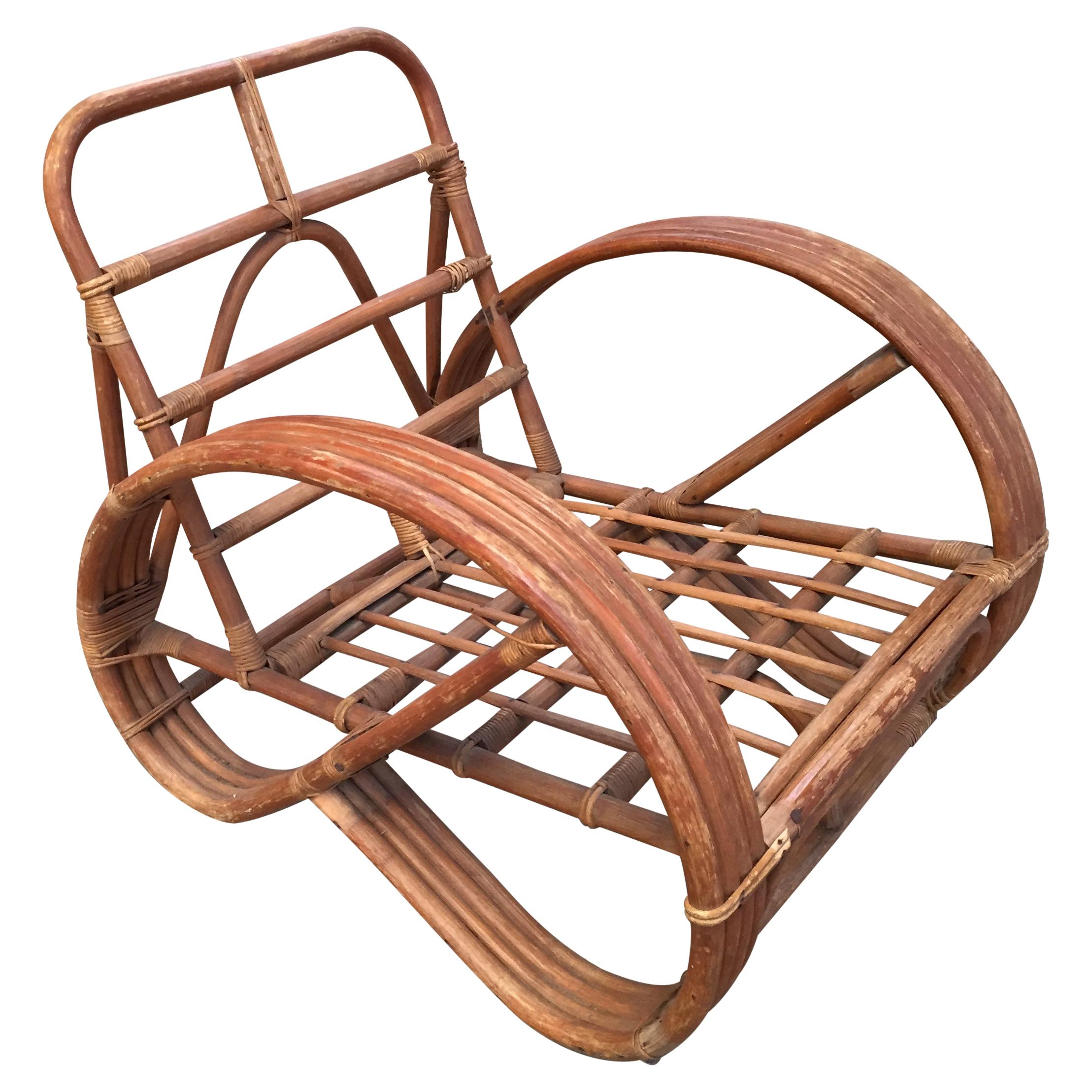 Fauteuil de salon en bambou à bras ronds 3/4 en forme de bretzel, de style français moderne du milieu du siècle, années 1970