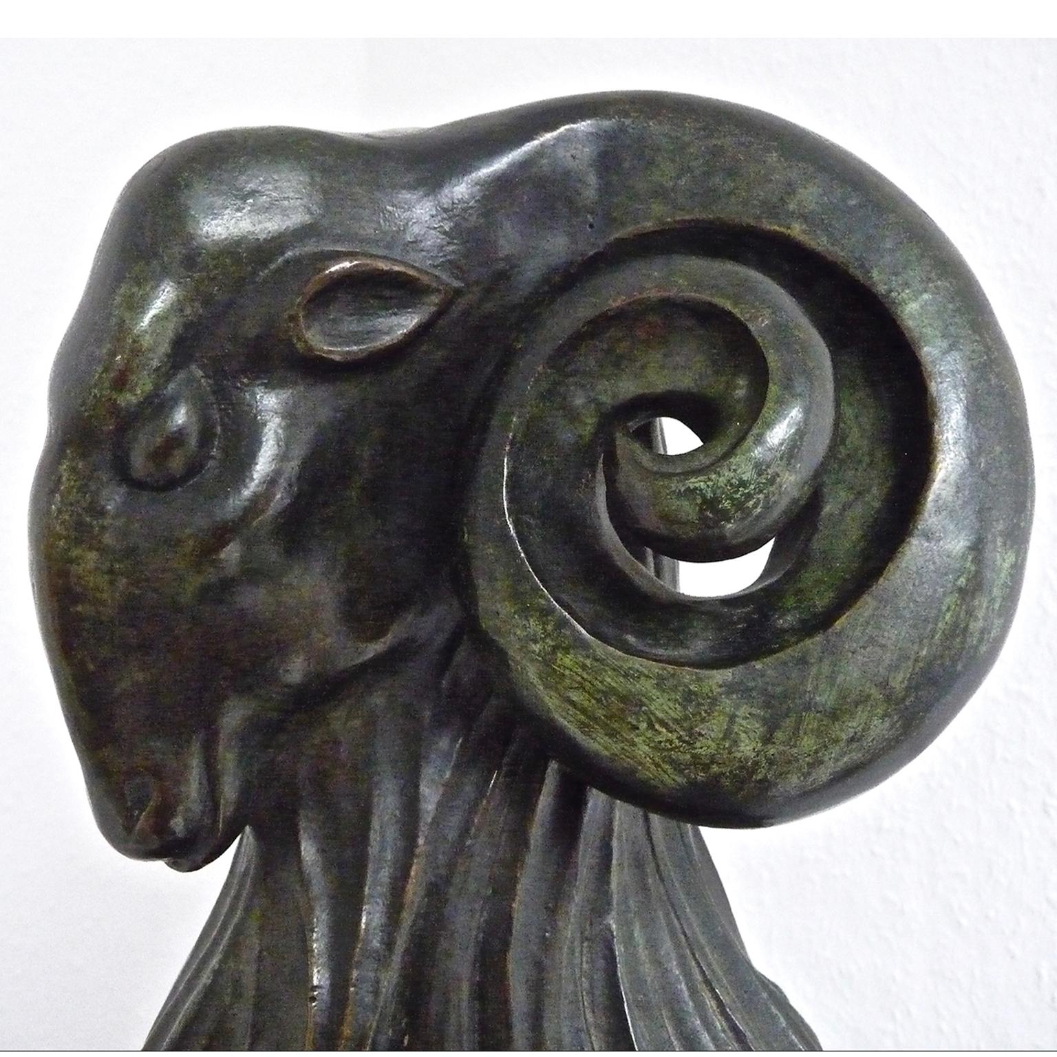 Mid-Century Modern French Animal Bronze Ram Sculpture Dark Green Antique Patina 5