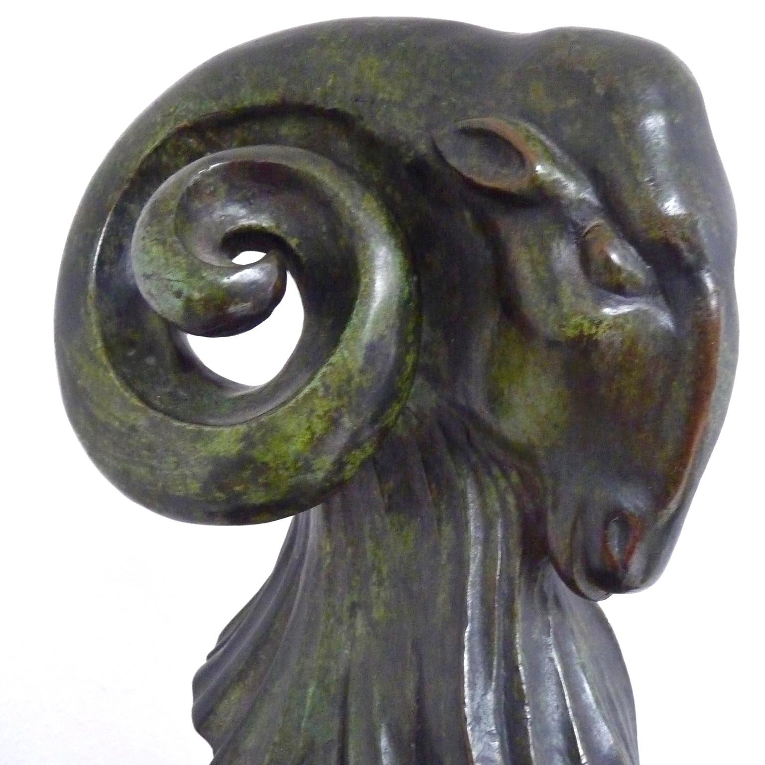 Mid-Century Modern French Animal Bronze Ram Sculpture Dark Green Antique Patina 3