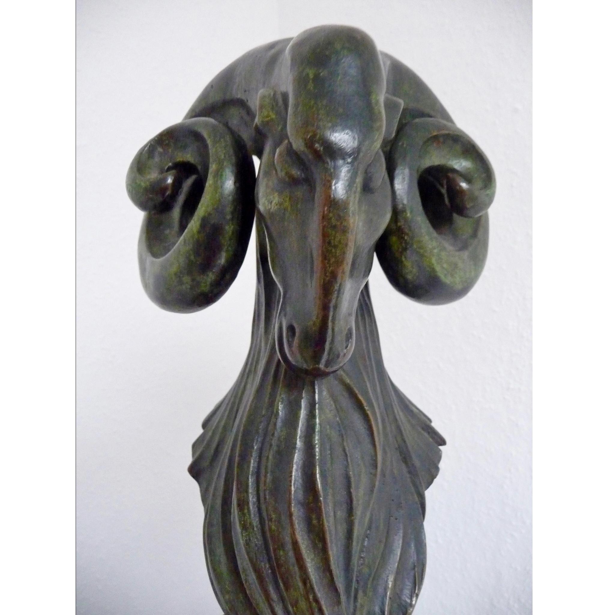 Mid-Century Modern French Animal Bronze Ram Sculpture Dark Green Antique Patina 4