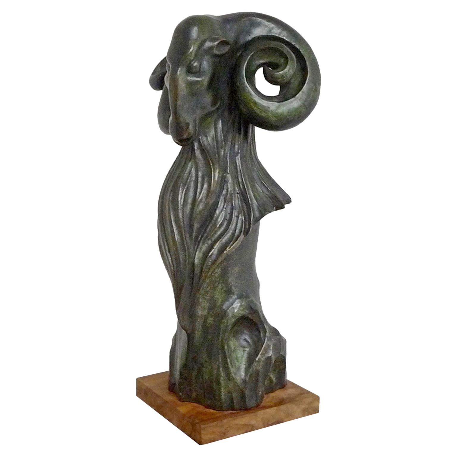 Mid-Century Modern French Animal Bronze Ram Sculpture Dark Green Antique Patina