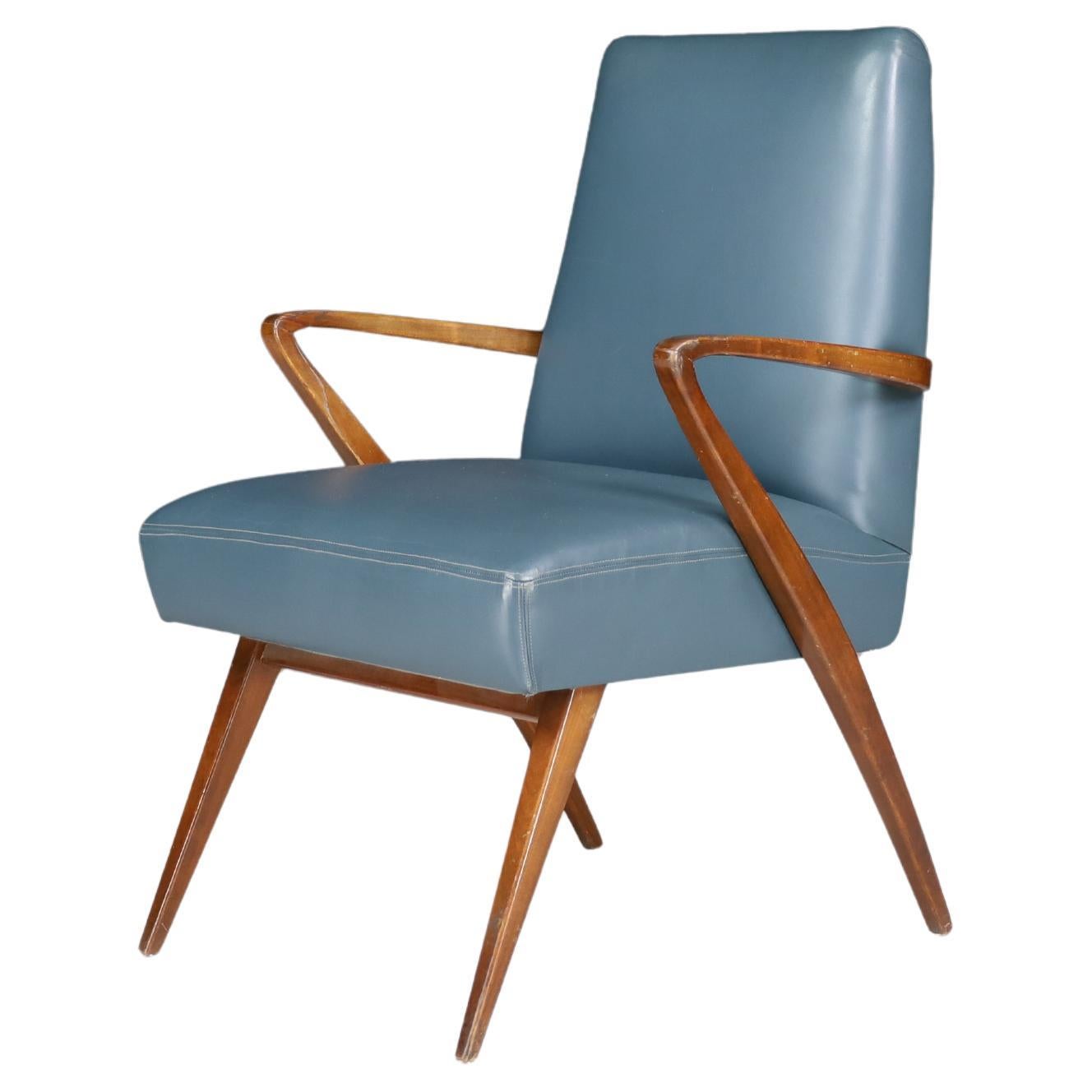 Sillón francés moderno de mediados de siglo en cuero azul, años 50 en venta