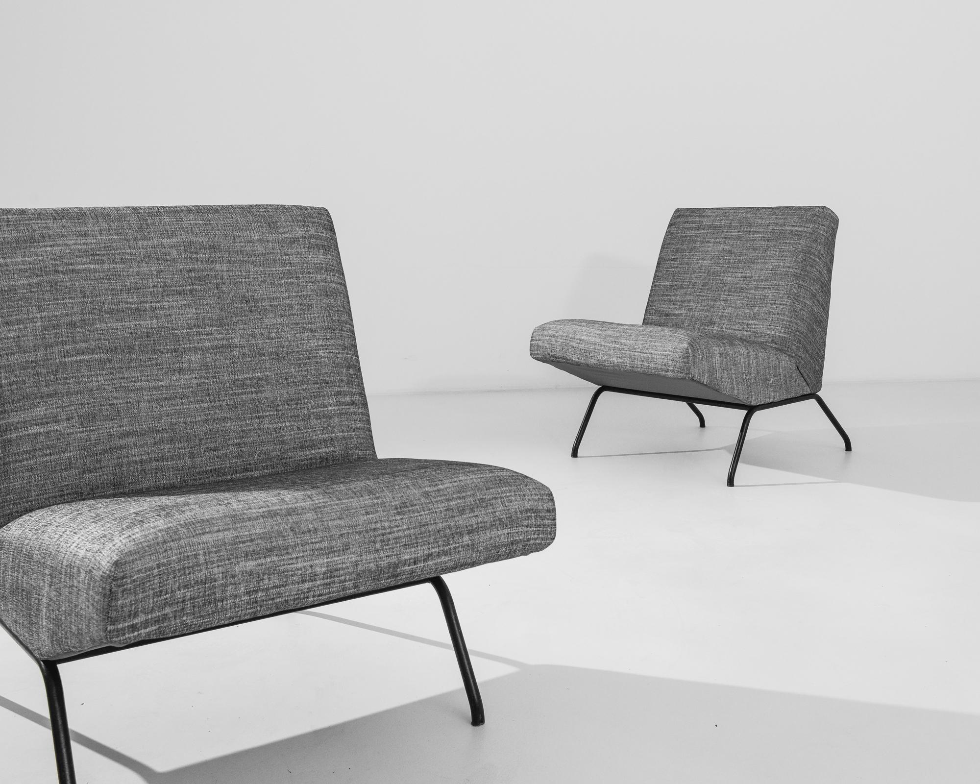 Metal Mid-Century Modern French Armchairs in Grey Upholstery, a Pair