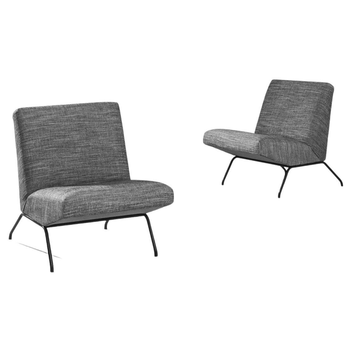 Mid-Century Modern French Armchairs in Grey Upholstery, a Pair