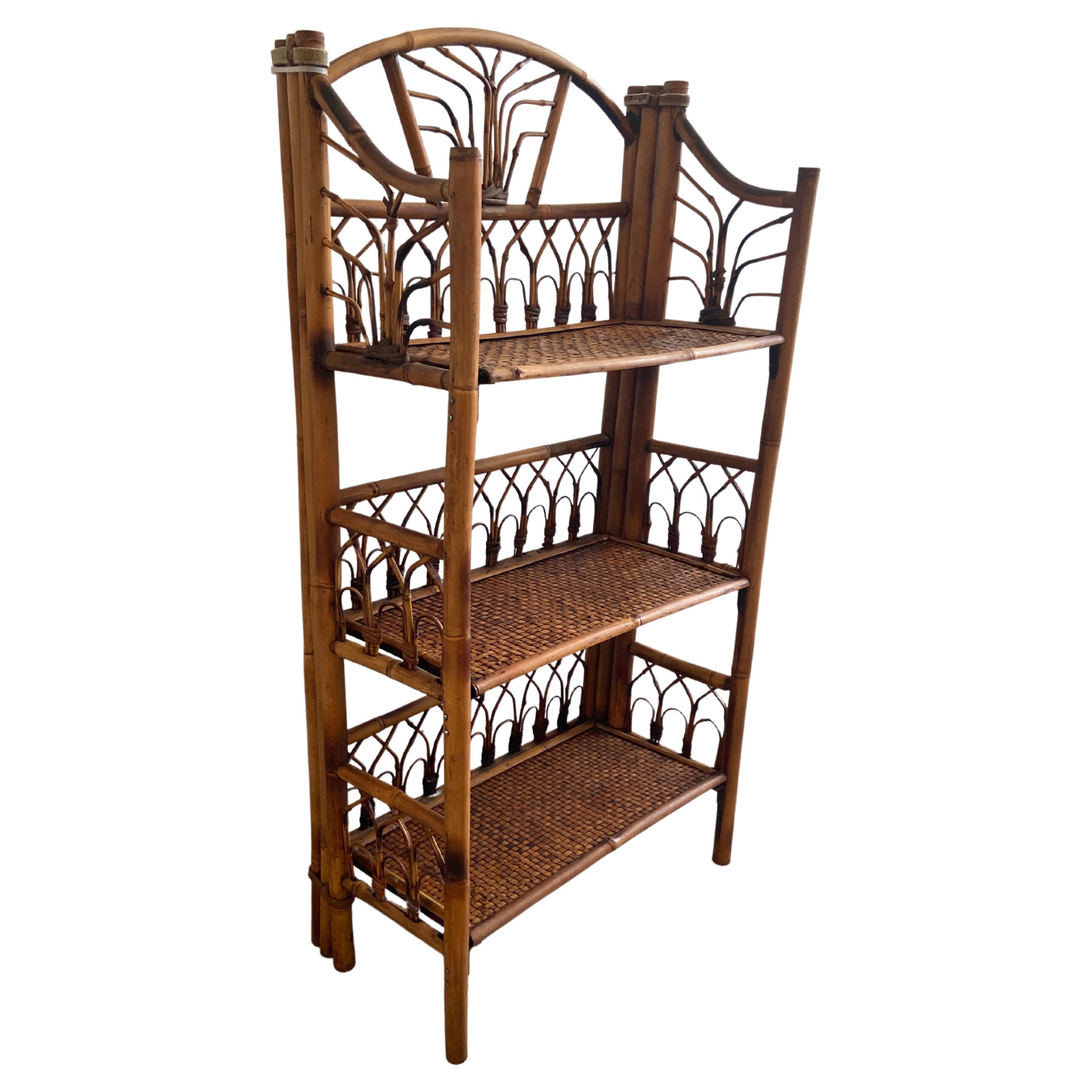 Mid-Century Modern French Bamboo and Rattan Folding Étagère, 1960s For Sale