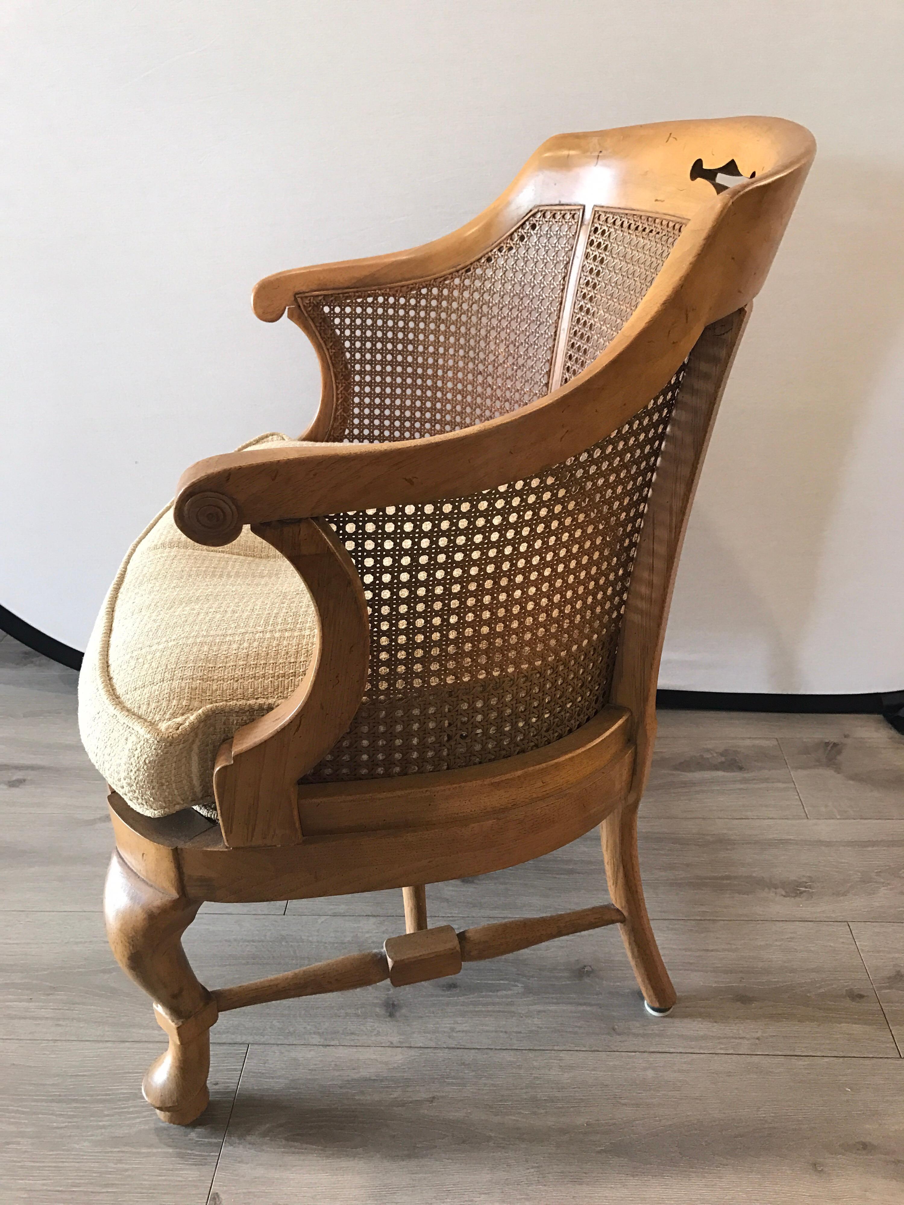 Mid-Century Modern French Barrel Back Caned Armchair In Excellent Condition In West Hartford, CT