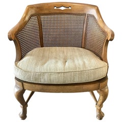 Retro Mid-Century Modern French Barrel Back Caned Armchair