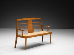 Mid-Century Modern French Bench in Warm Wood and Rush