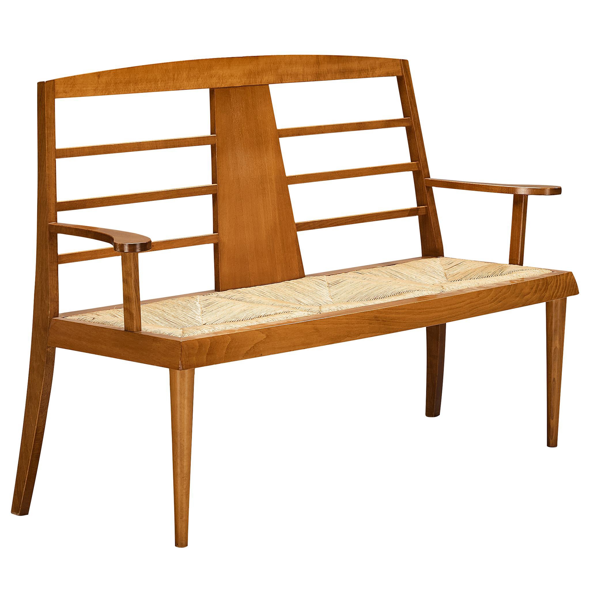 Mid-Century Modern French Bench in Warm Wood and Rush