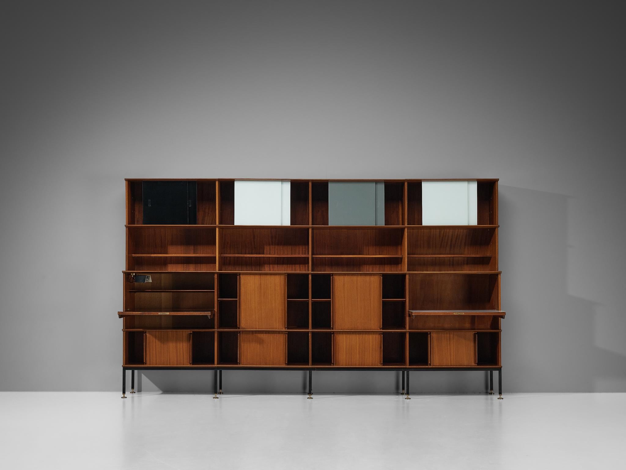Mid-Century Modern French Bookcase in Mahogany with Colored Glass Panels  In Good Condition In Waalwijk, NL