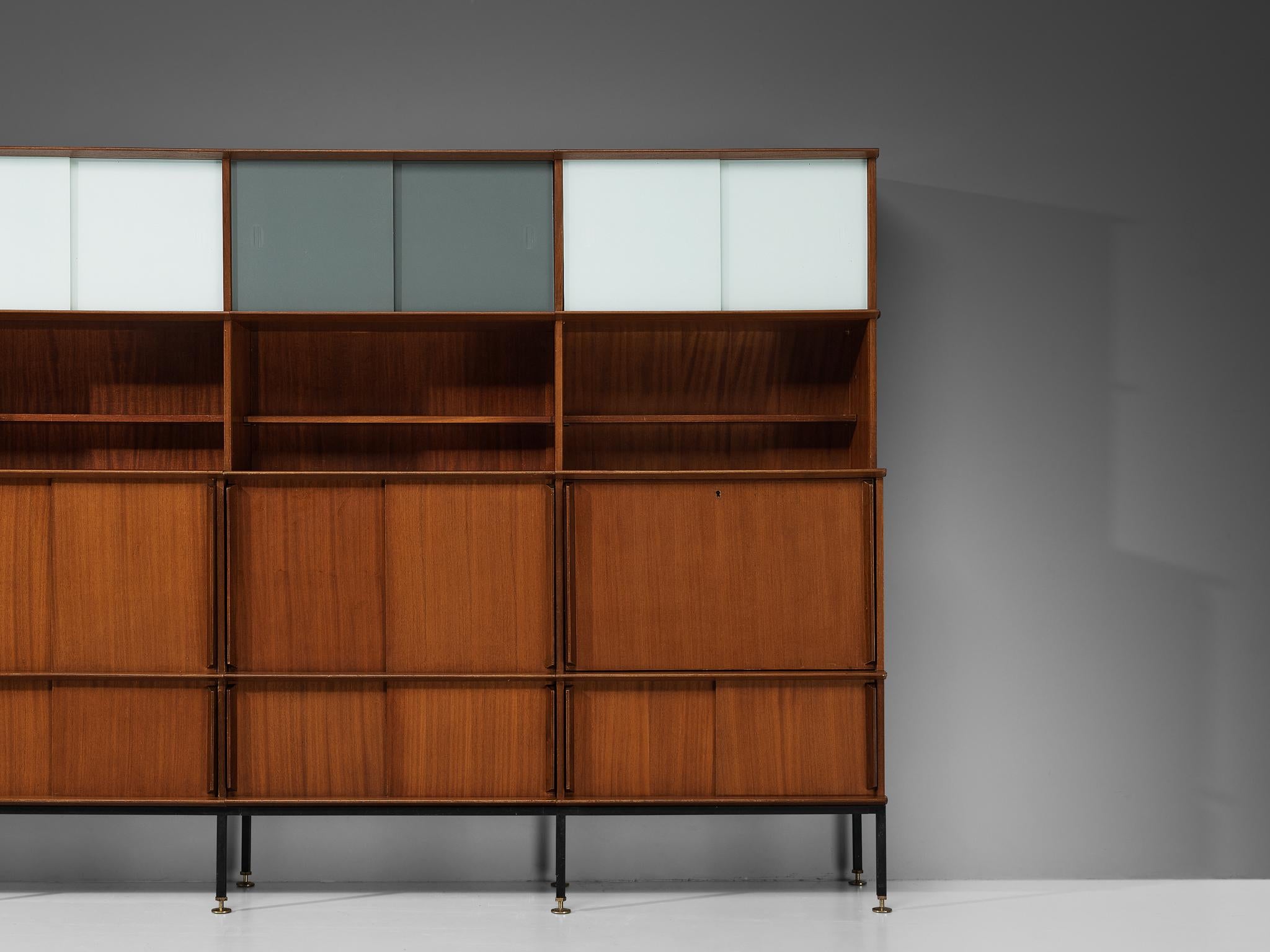 Mid-20th Century Mid-Century Modern French Bookcase in Mahogany with Colored Glass Panels 