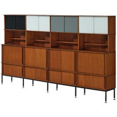 Mid-Century Modern French Bookcase in Mahogany with Colored Glass Panels