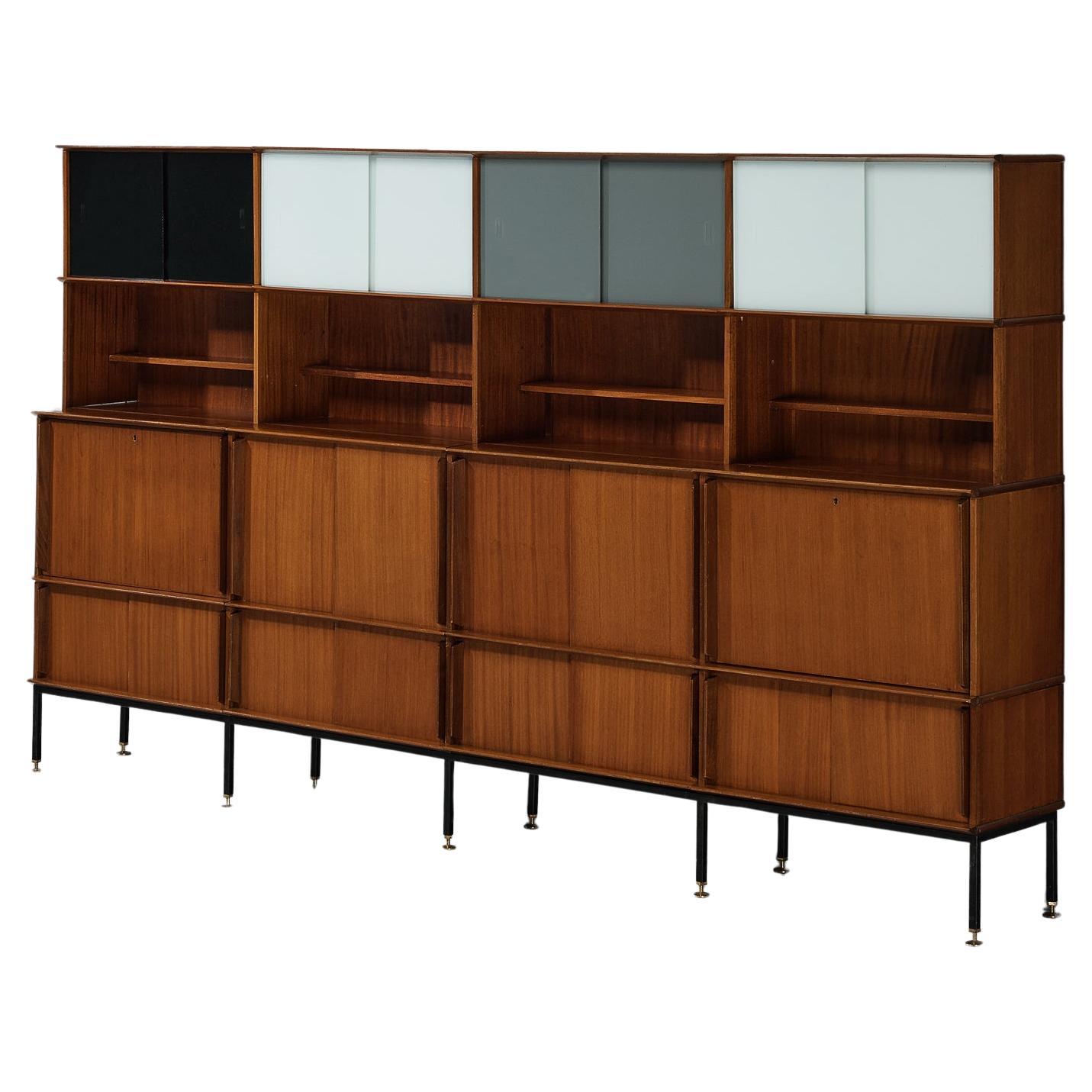 Mid-Century Modern French Bookcase in Mahogany with Colored Glass Panels 