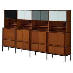 Vintage Mid-Century Modern French Bookcase in Mahogany with Colored Glass Panels 