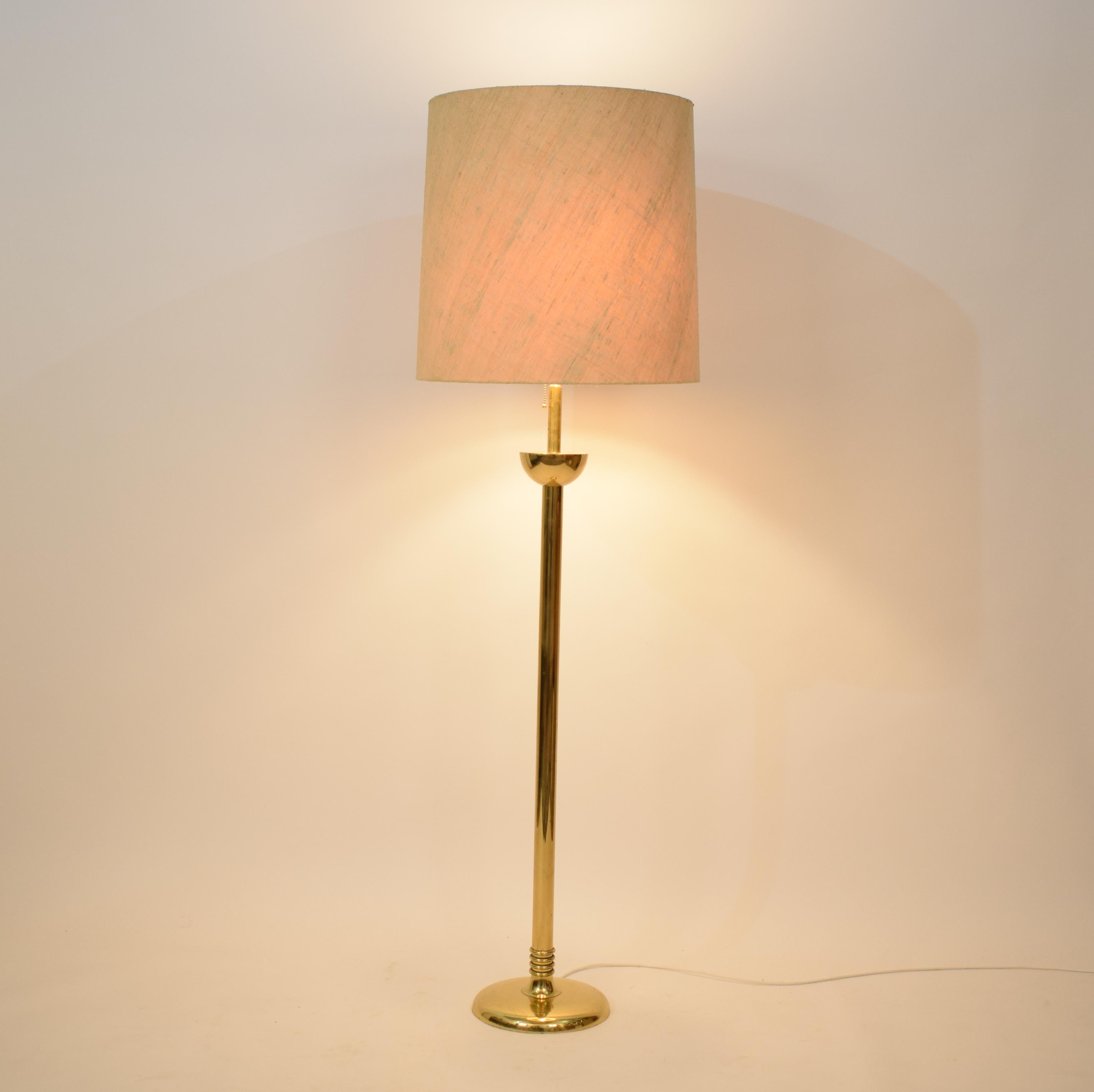 Mid-Century Modern French Brass Standard Floor Lamp with Original Shade, 1960s 1