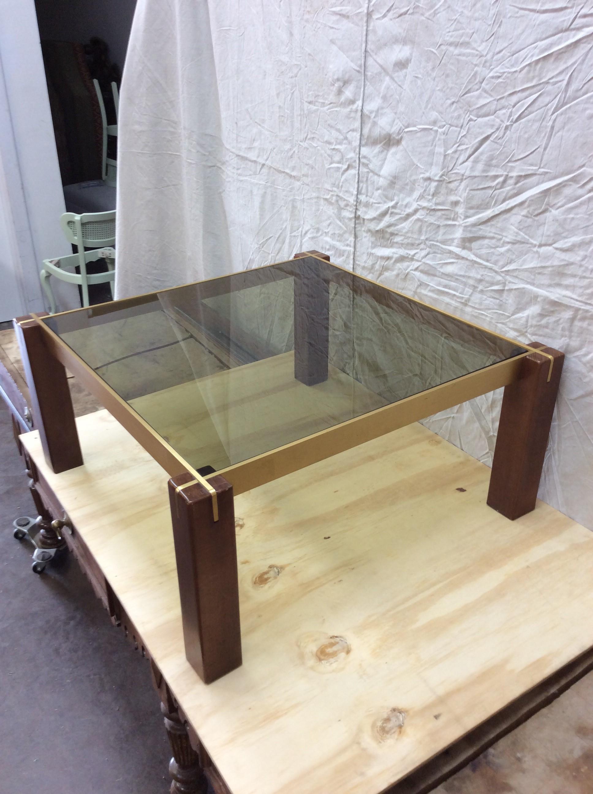 Mid-Century Modern French Brass Wood and Smoke Glass Coffee Table For Sale 8