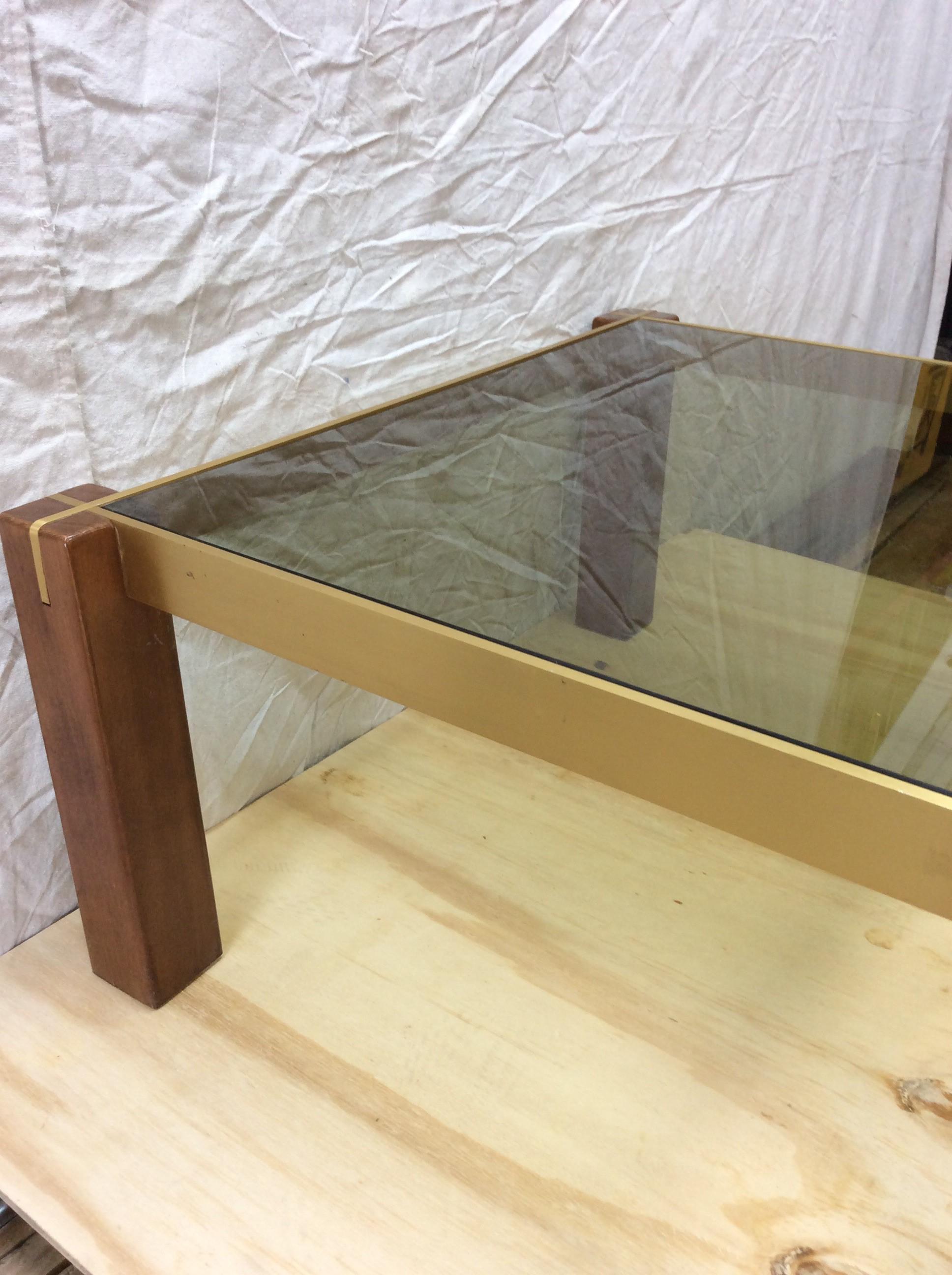 Mid-Century Modern French Brass Wood and Smoke Glass Coffee Table For Sale 4