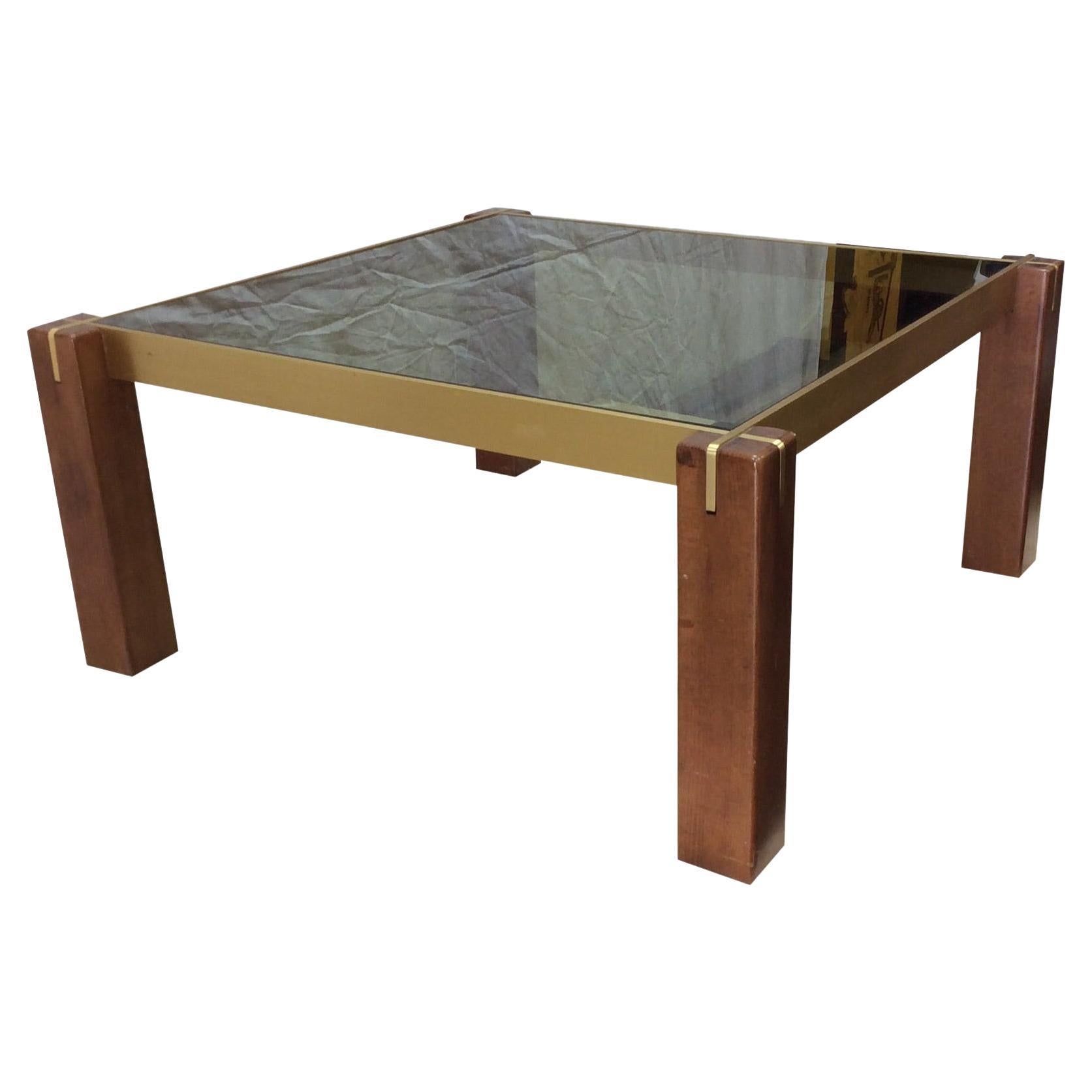Mid-Century Modern French Brass Wood and Smoke Glass Coffee Table