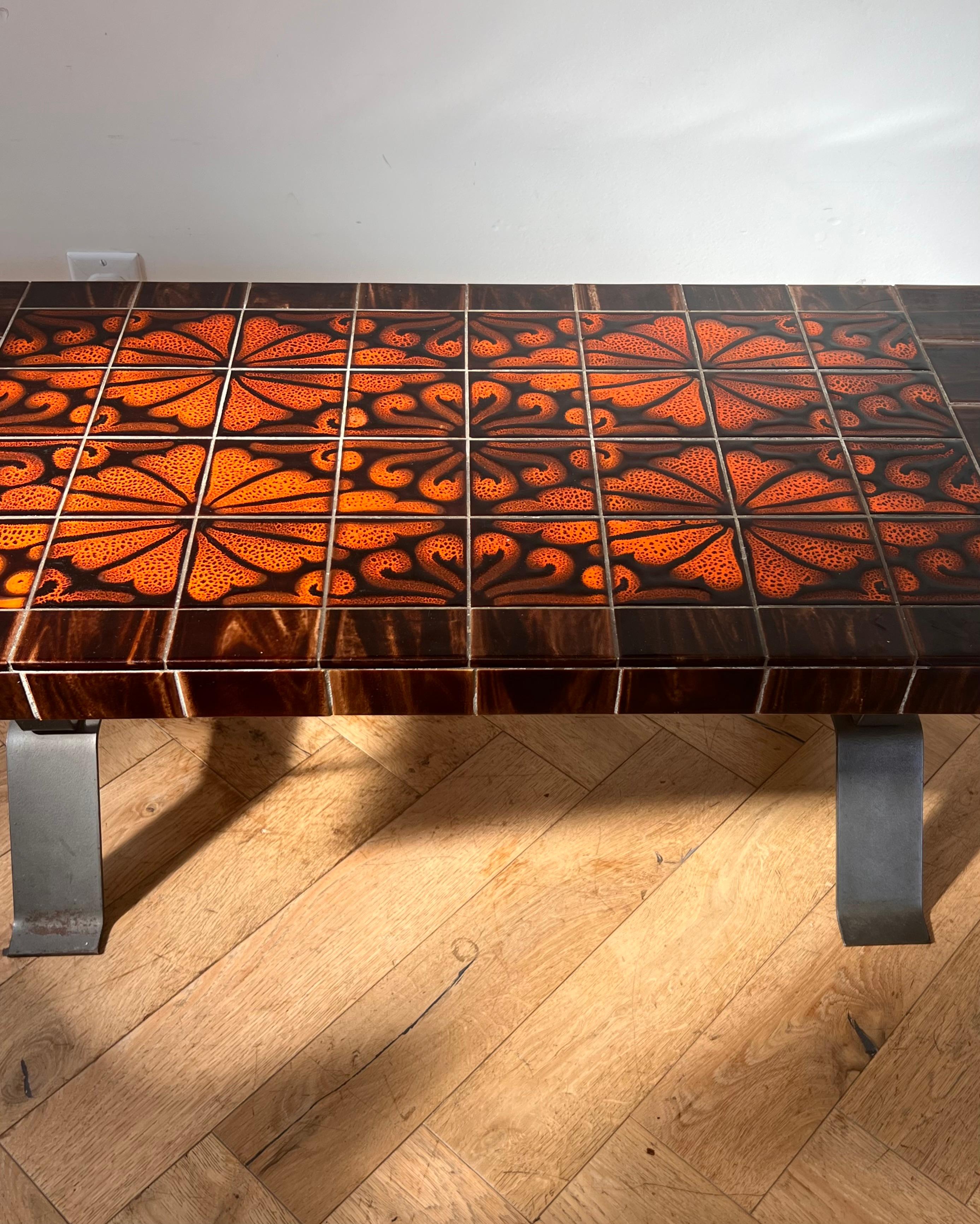 Mid century modern French ceramic tile top and forged coffee table, circa 1960 10