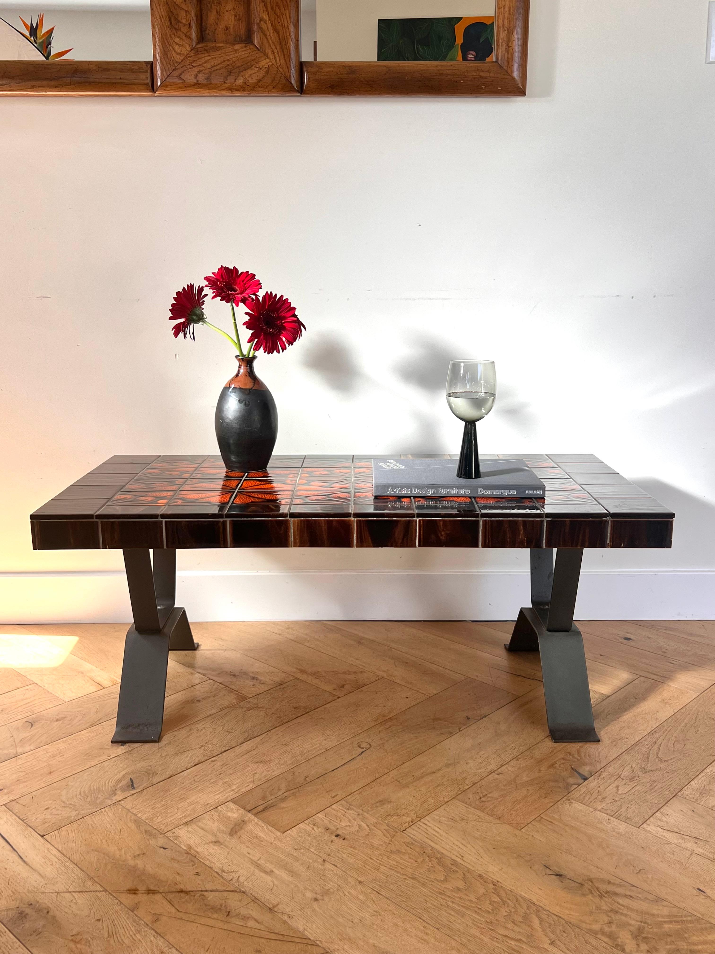 Mid century modern French ceramic tile top and forged coffee table, circa 1960 13