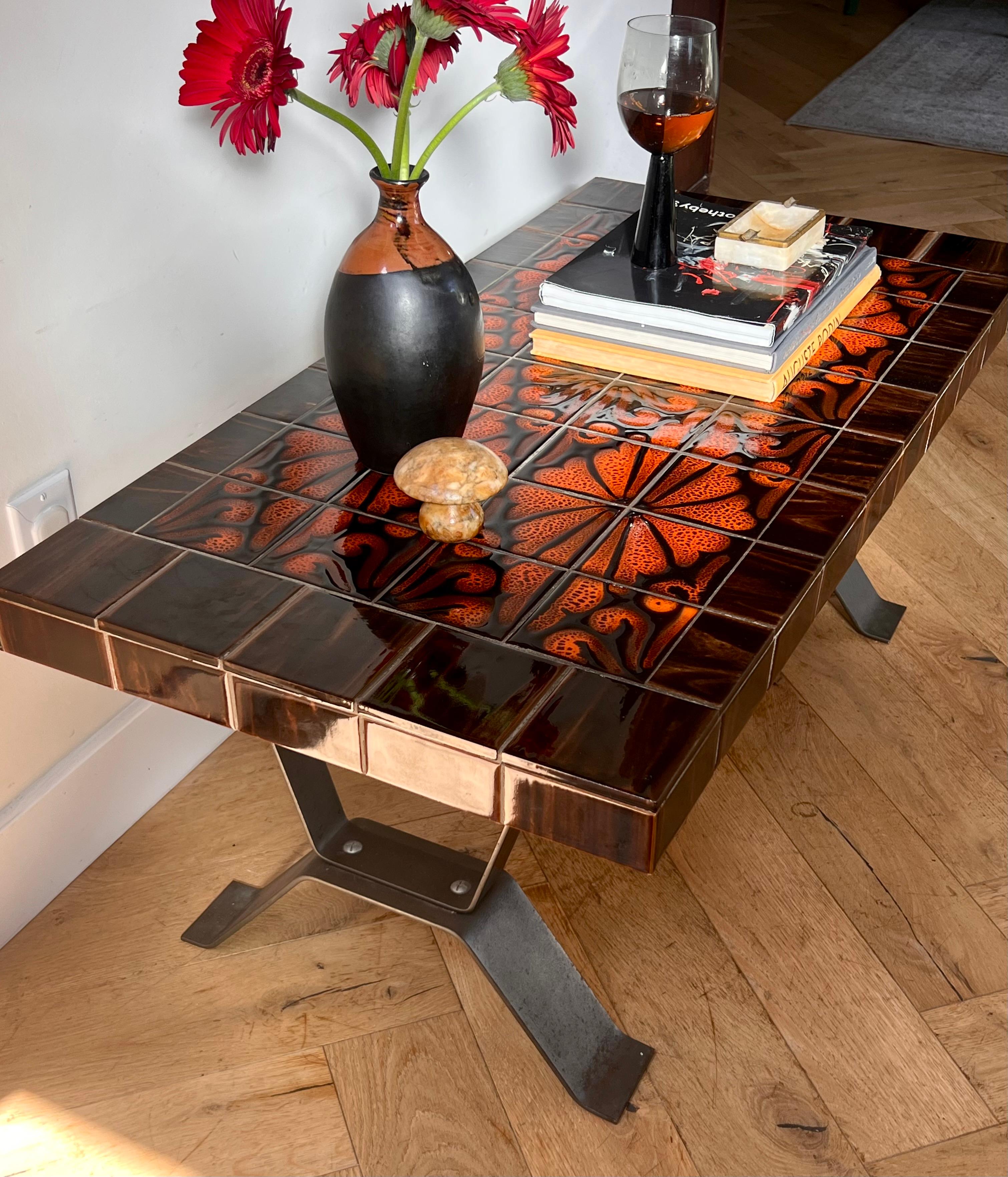 Mid-Century Modern Mid century modern French ceramic tile top and forged coffee table, circa 1960