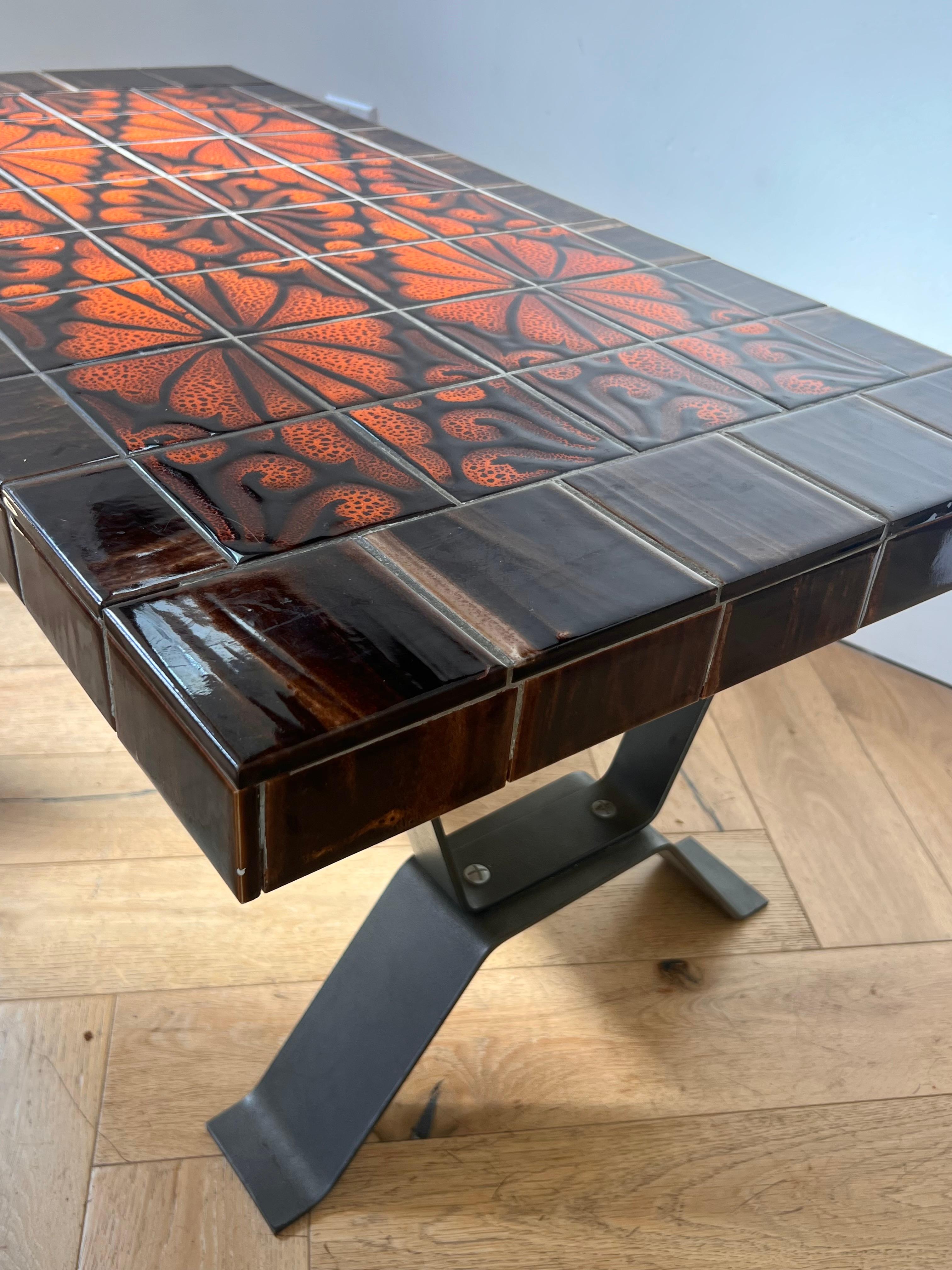 Mid century modern French ceramic tile top and forged coffee table, circa 1960 2