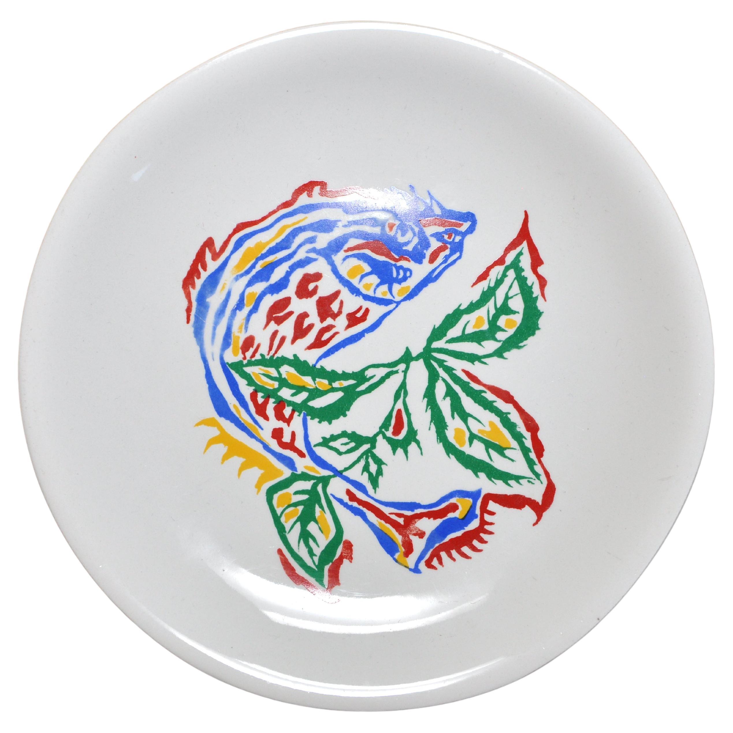 Mid-Century Modern French Ceramic Plate by Jean Lurçat Blue Red Green Yellow For Sale