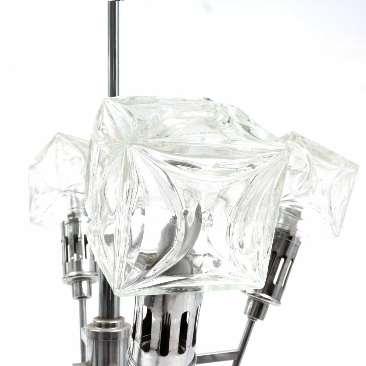 Mid-Century Modern chrome chandelier, four glass square globes.  France, circa 1950.
 