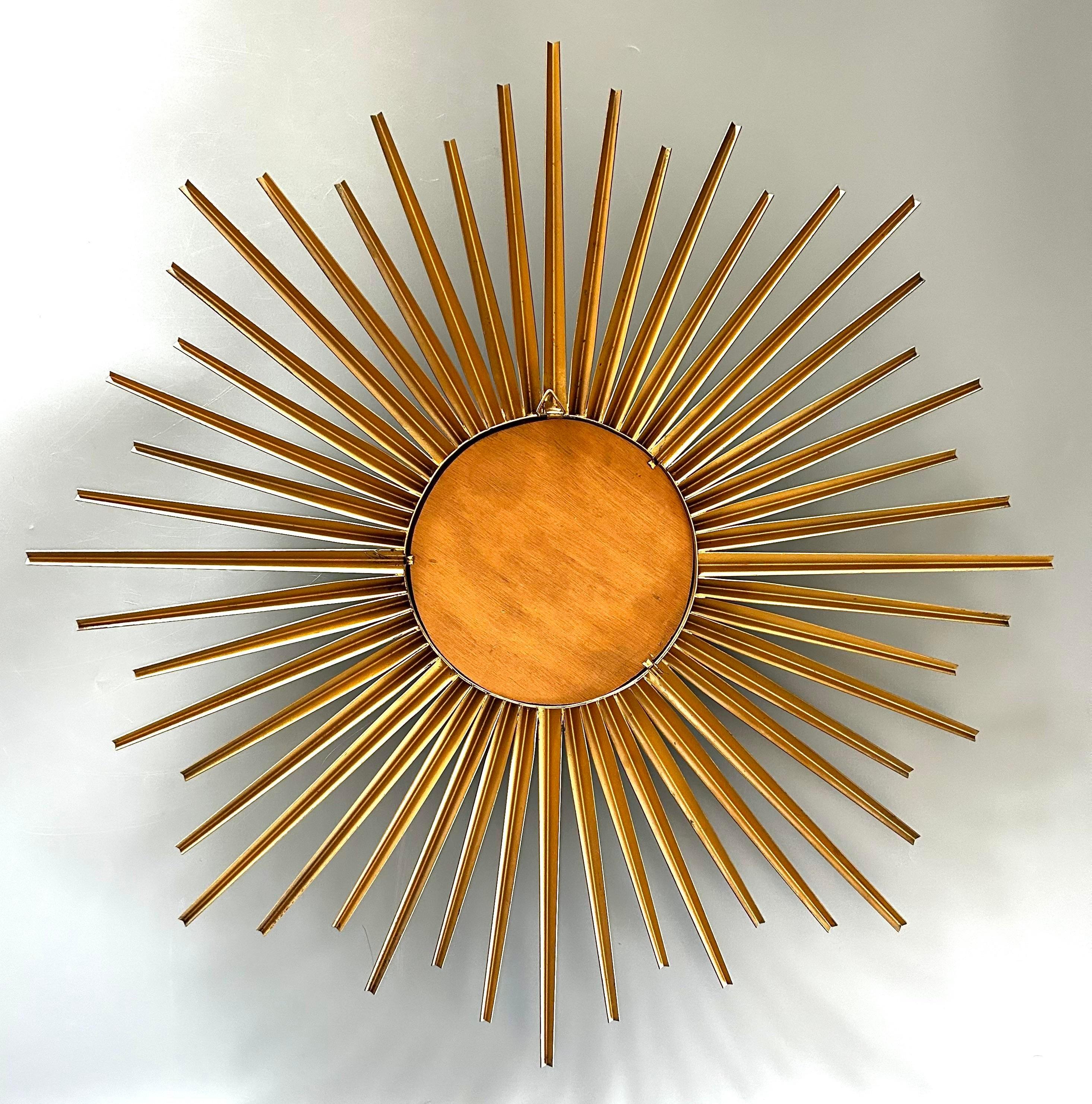 Mid-Century Modern French Chaty Vallauris Style Gilt Sunburst Convex Mirror For Sale 1