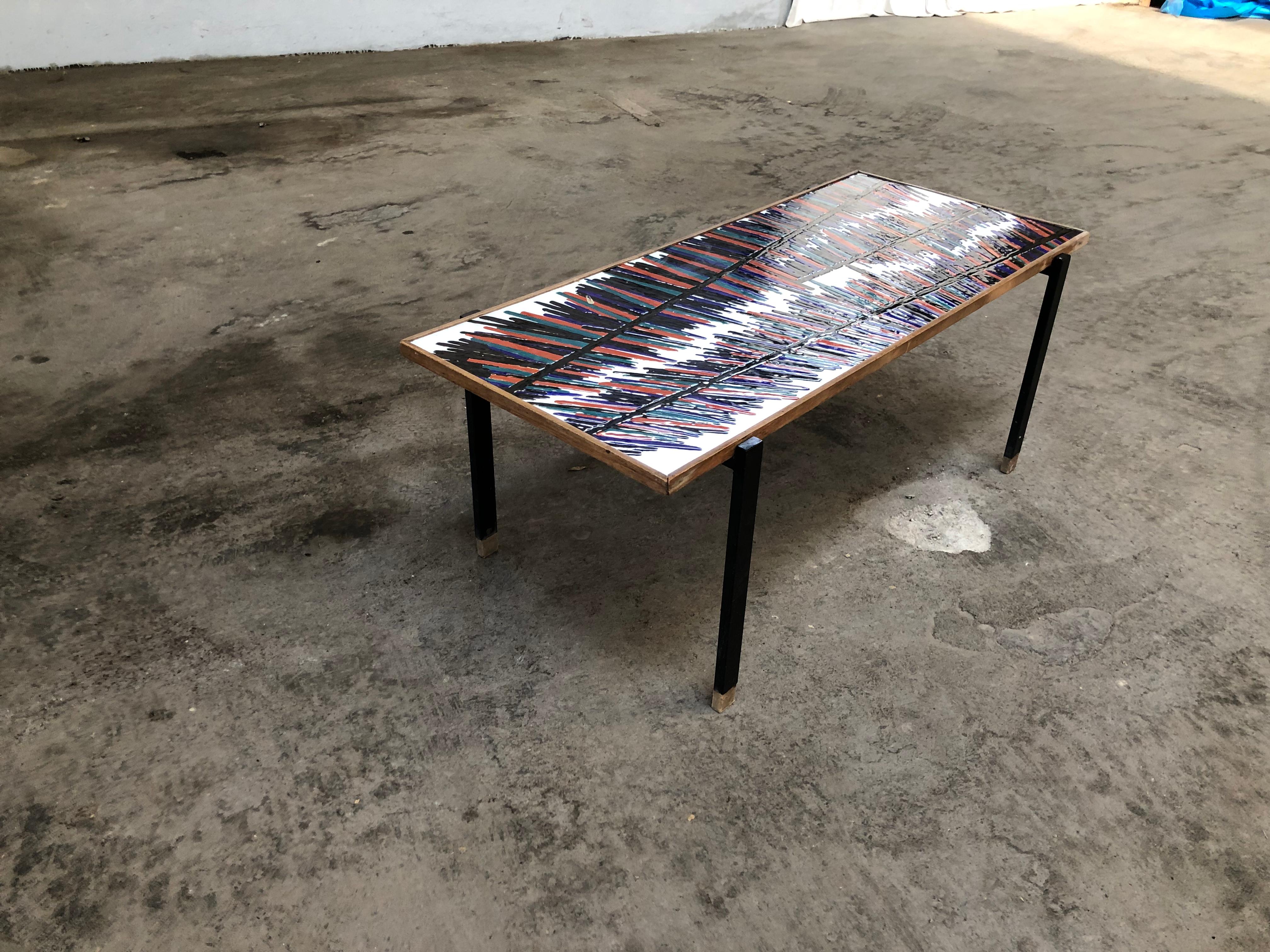 Iron Mid-Century Modern French Coffee Table with Ceramic Tile Top, 1960s