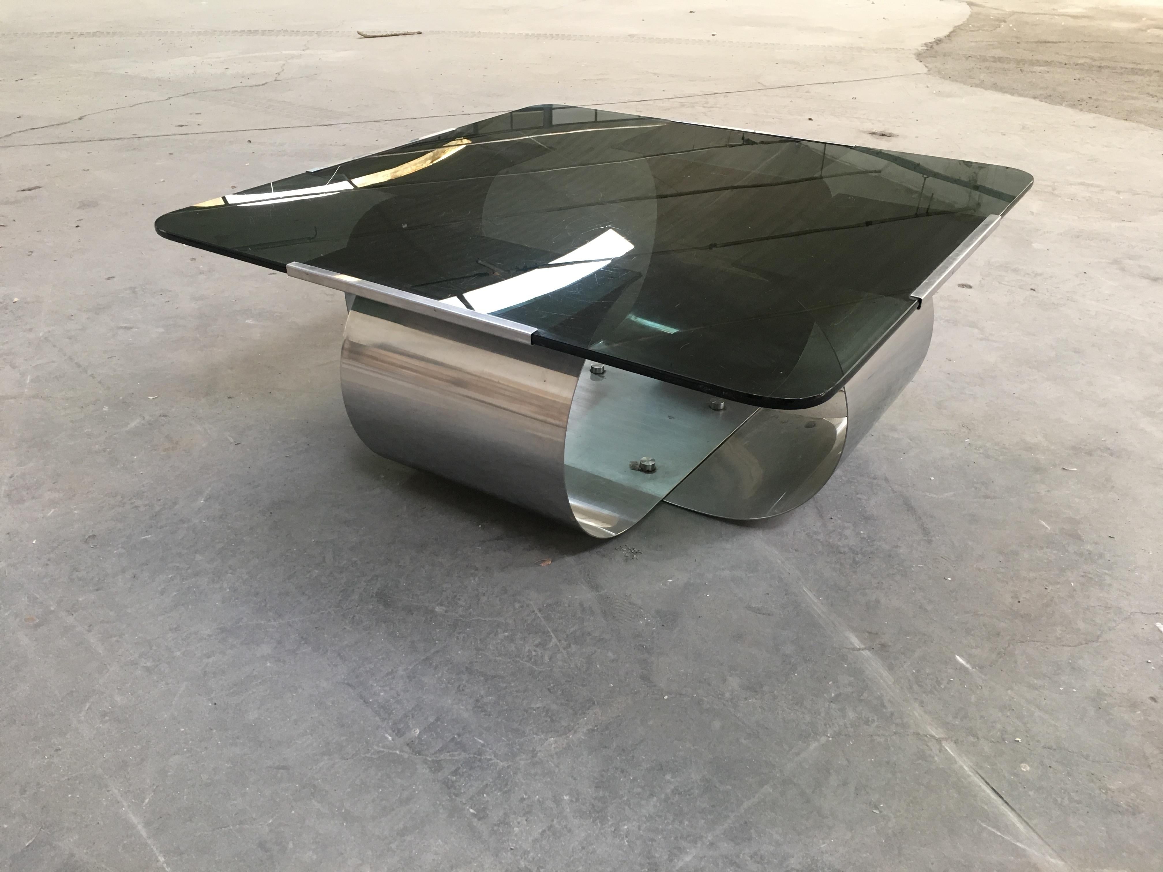 Mid-Century Modern French stainless steel coffee table with smoked glass top by François Monnet, 1970s.